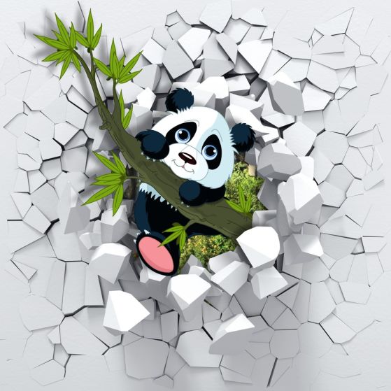 Fototapeta panda wygląda z połamanego ceglanego muru