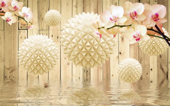Fototapeta pływające okrągłe figury z gałązkami orchidei