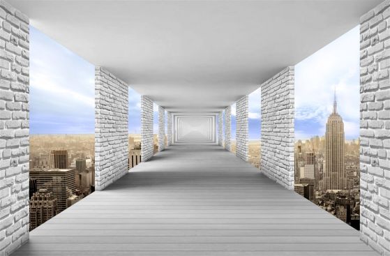 Fototapeta abstrakcyjny korytarz z panoramicznym widokiem na miasto