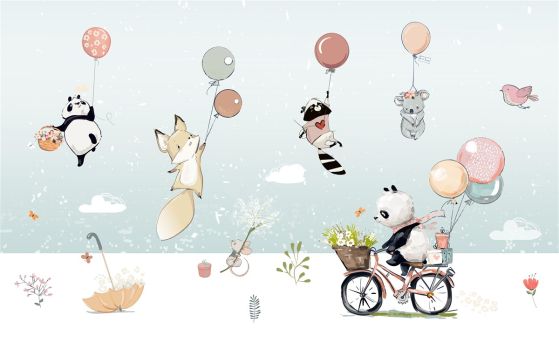 Fototapeta Panda na rowerze i zwierzęta z balonami