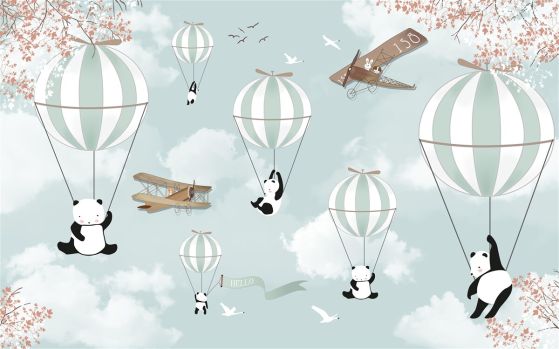Fototapeta Panda wzbija się w niebo balonami na ogrzane powietrze
