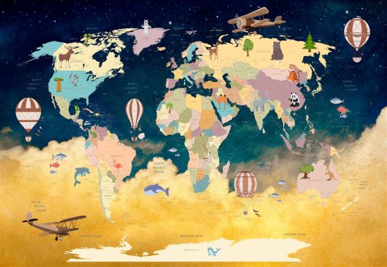 Fototapeta Mapa świata w kolorze niebieskim i żółtym