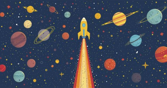Fototapeta Rakieta otoczona różnymi planetami