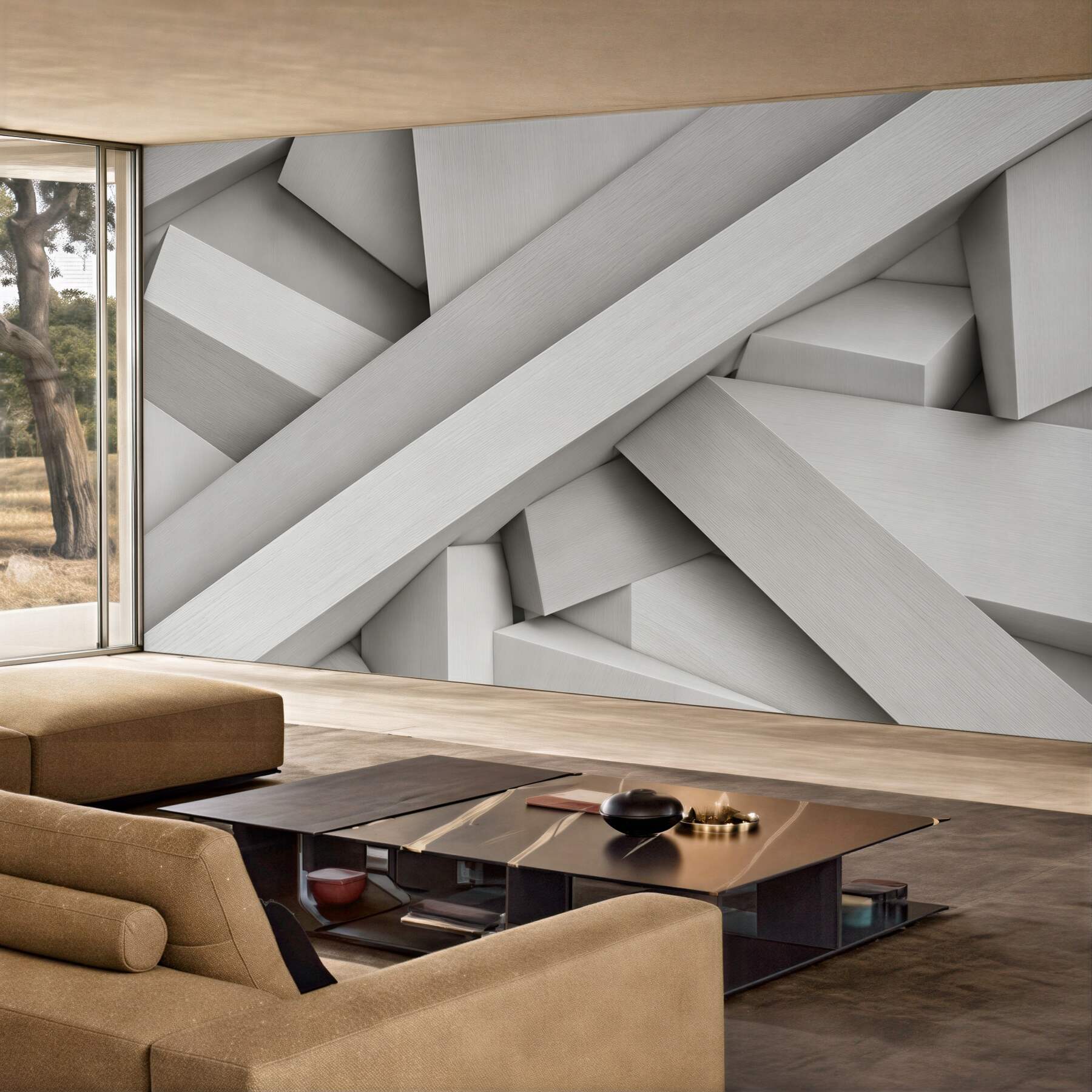 Fototapeta abstrakcyjne geometryczne bryły beżowe 3D do nowoczesnego wnętrza?v2345