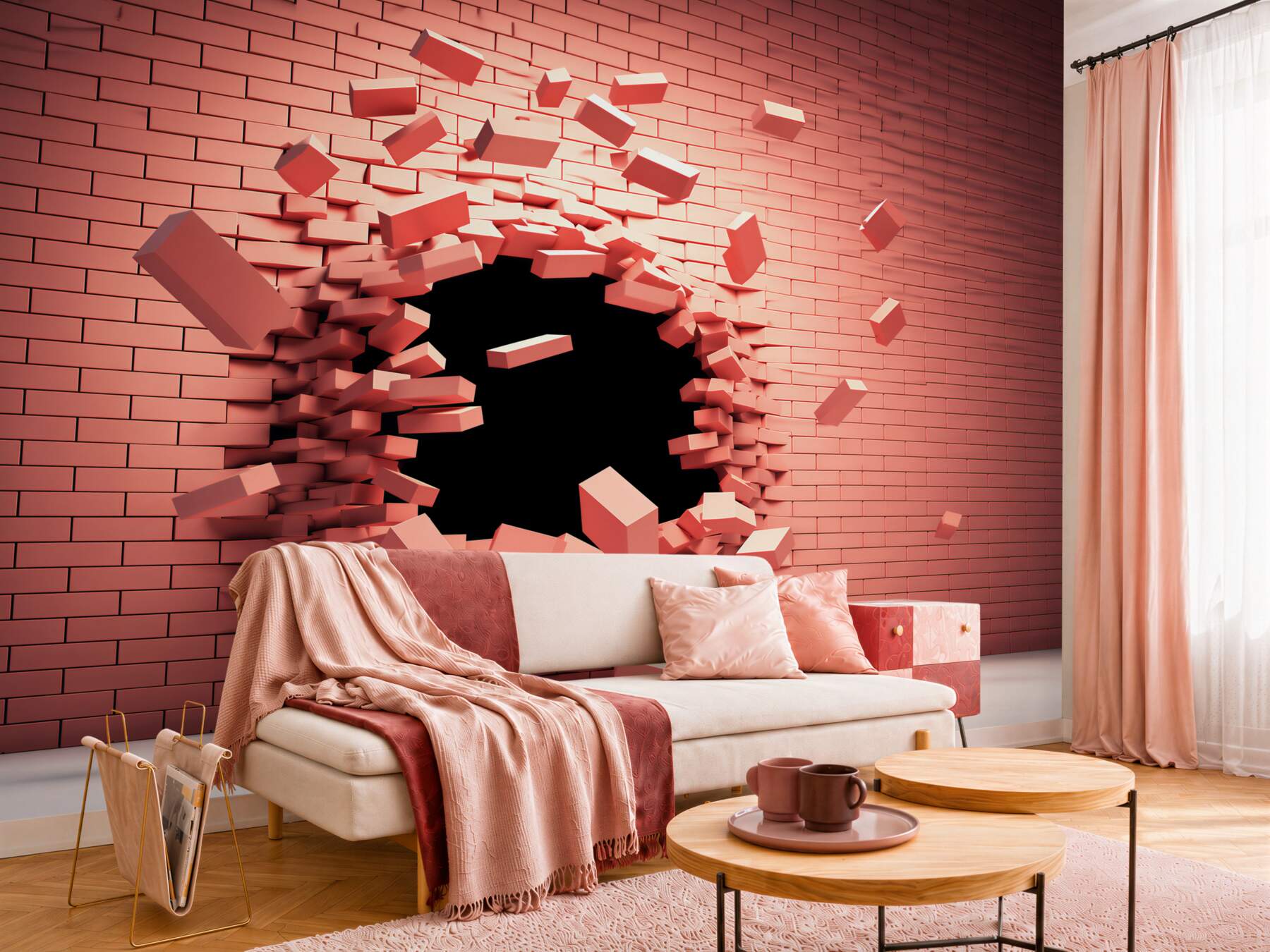 Fototapeta pękająca różowa ściana 3D z otworem nowoczesna?v2345