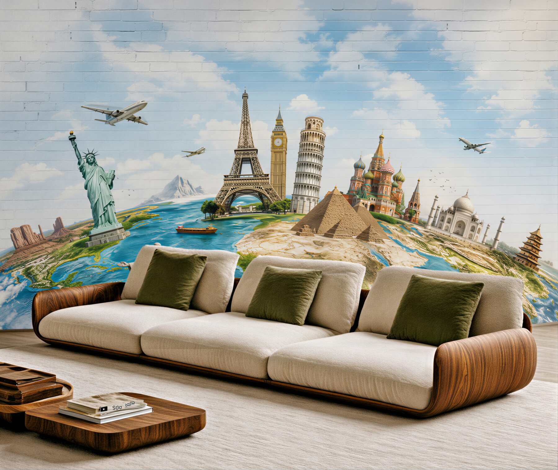 Fototapeta światowe zabytki na mapie świata pastelowa podróżnicza?v2345