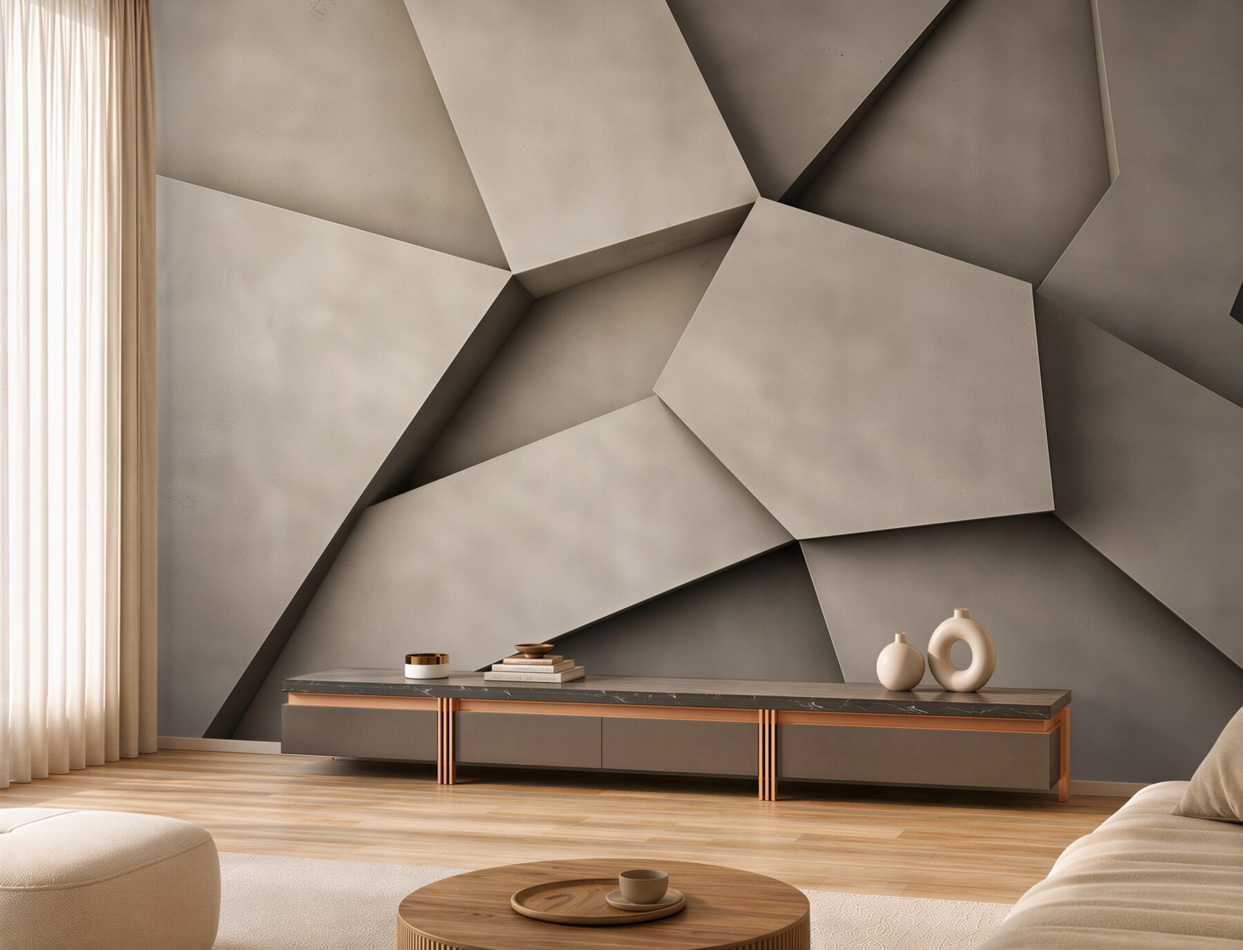 Fototapeta geometryczne panele 3D beżowe nowoczesna abstrakcja do salonu?v2345
