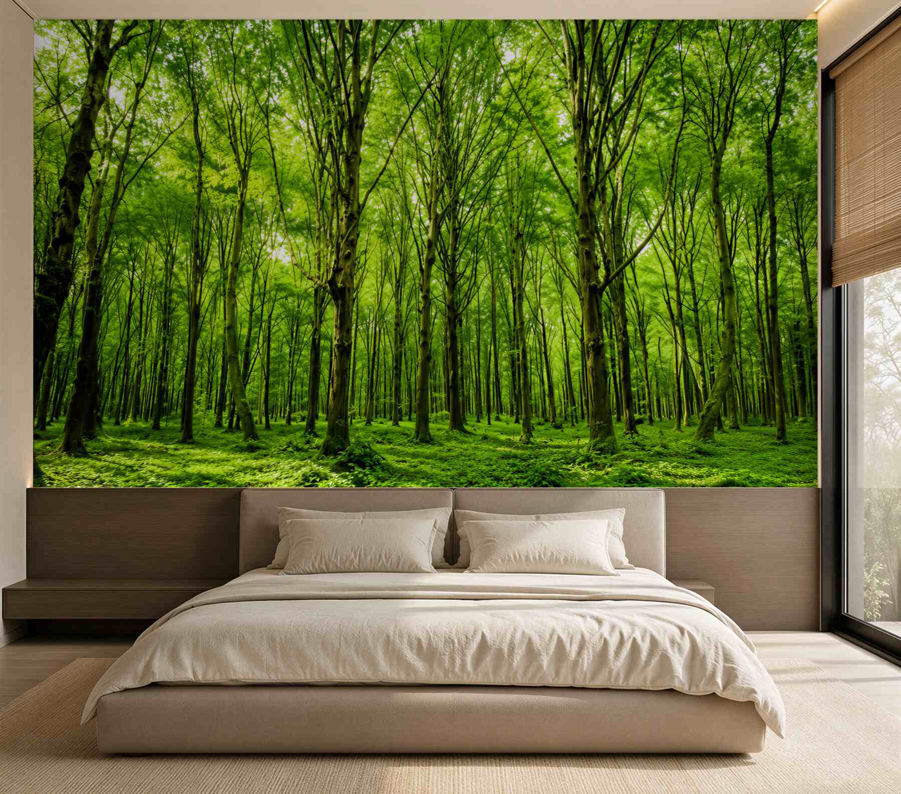 Fototapeta zielony las we mgle z promieniami słońca spokojna natura?v2345