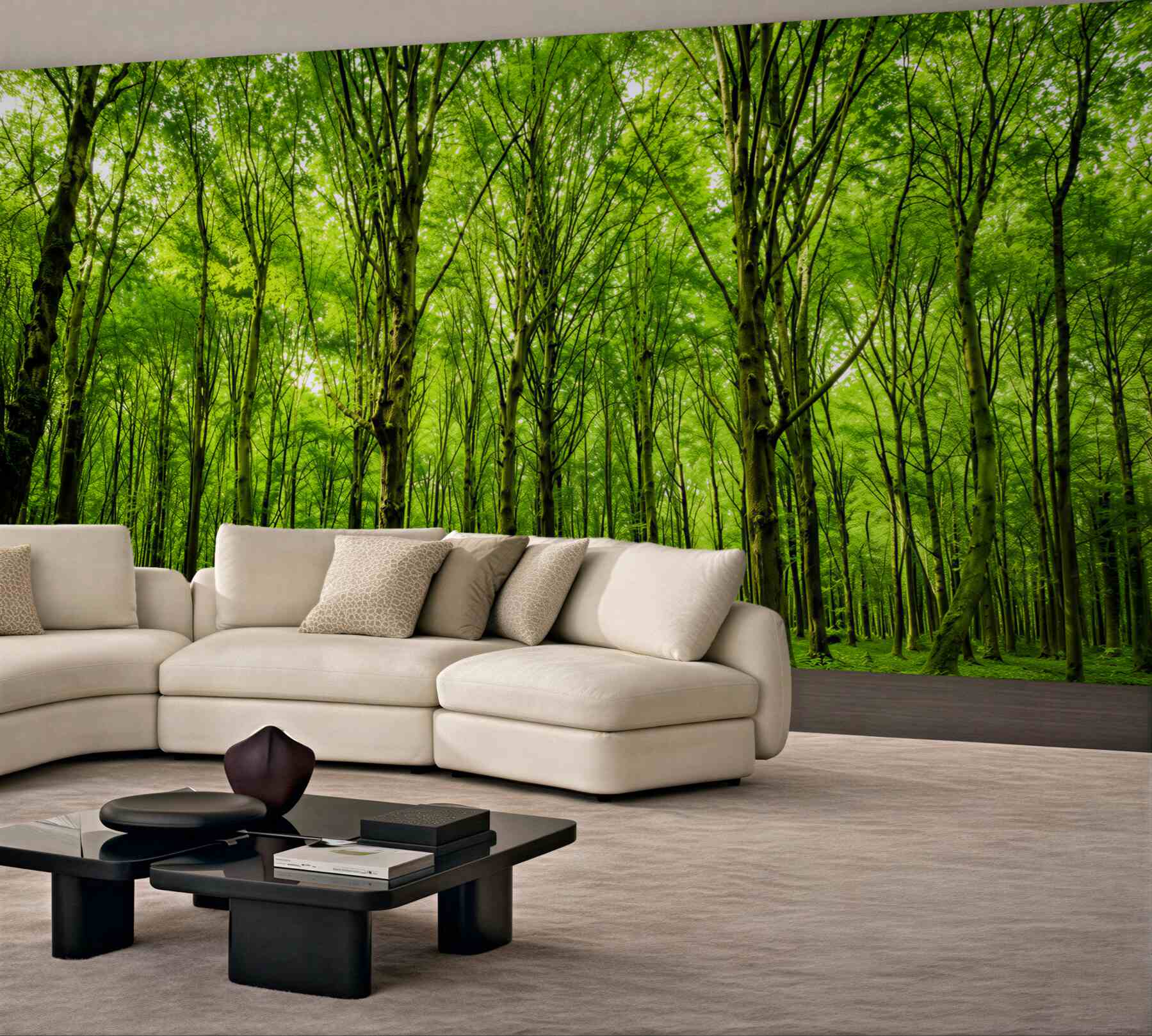 Fototapeta zielony las we mgle z promieniami słońca spokojna natura?v2345