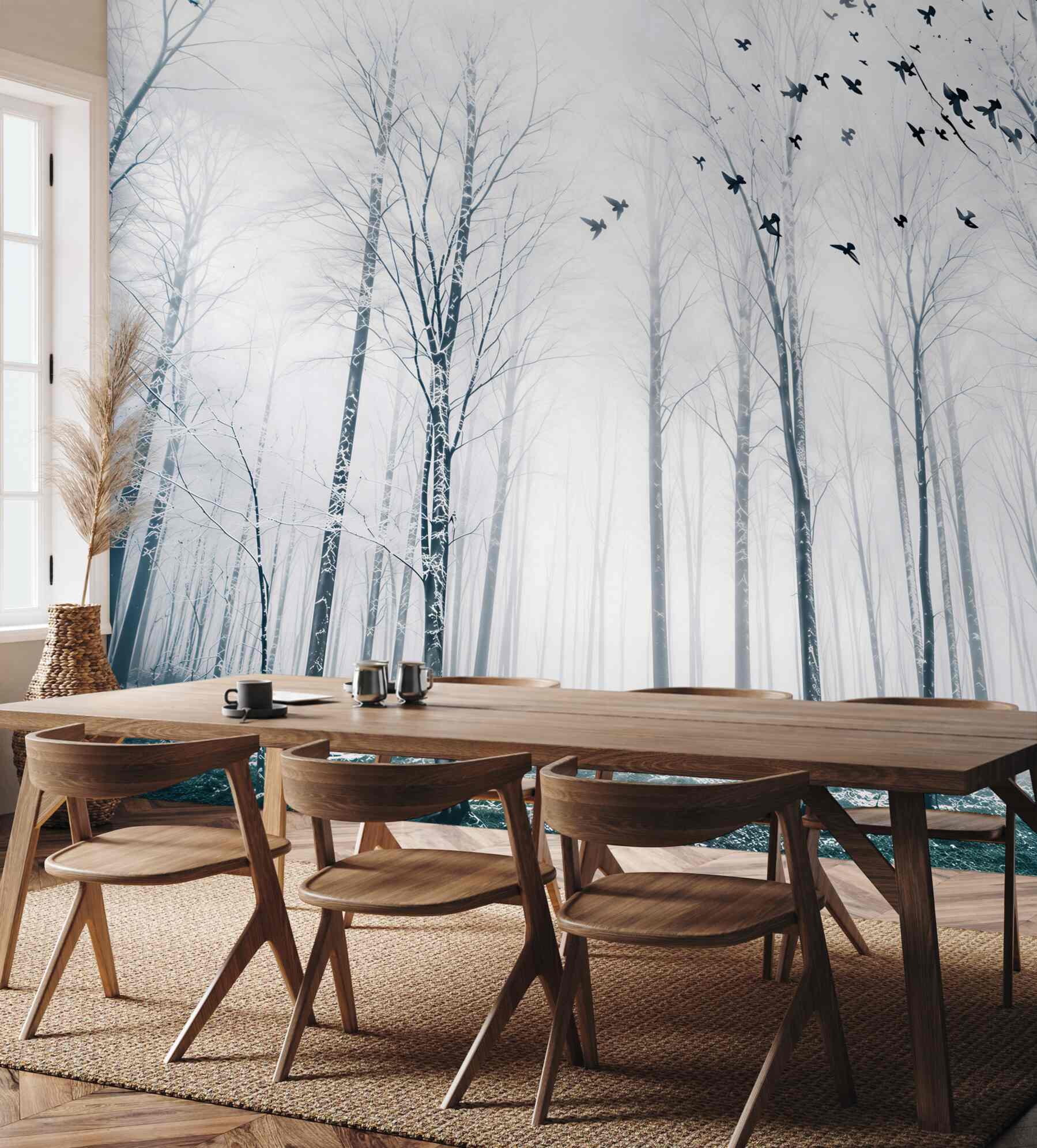 Fototapeta zimowy las we mgle z ptakami w jasnych pastelowych barwach?v2345