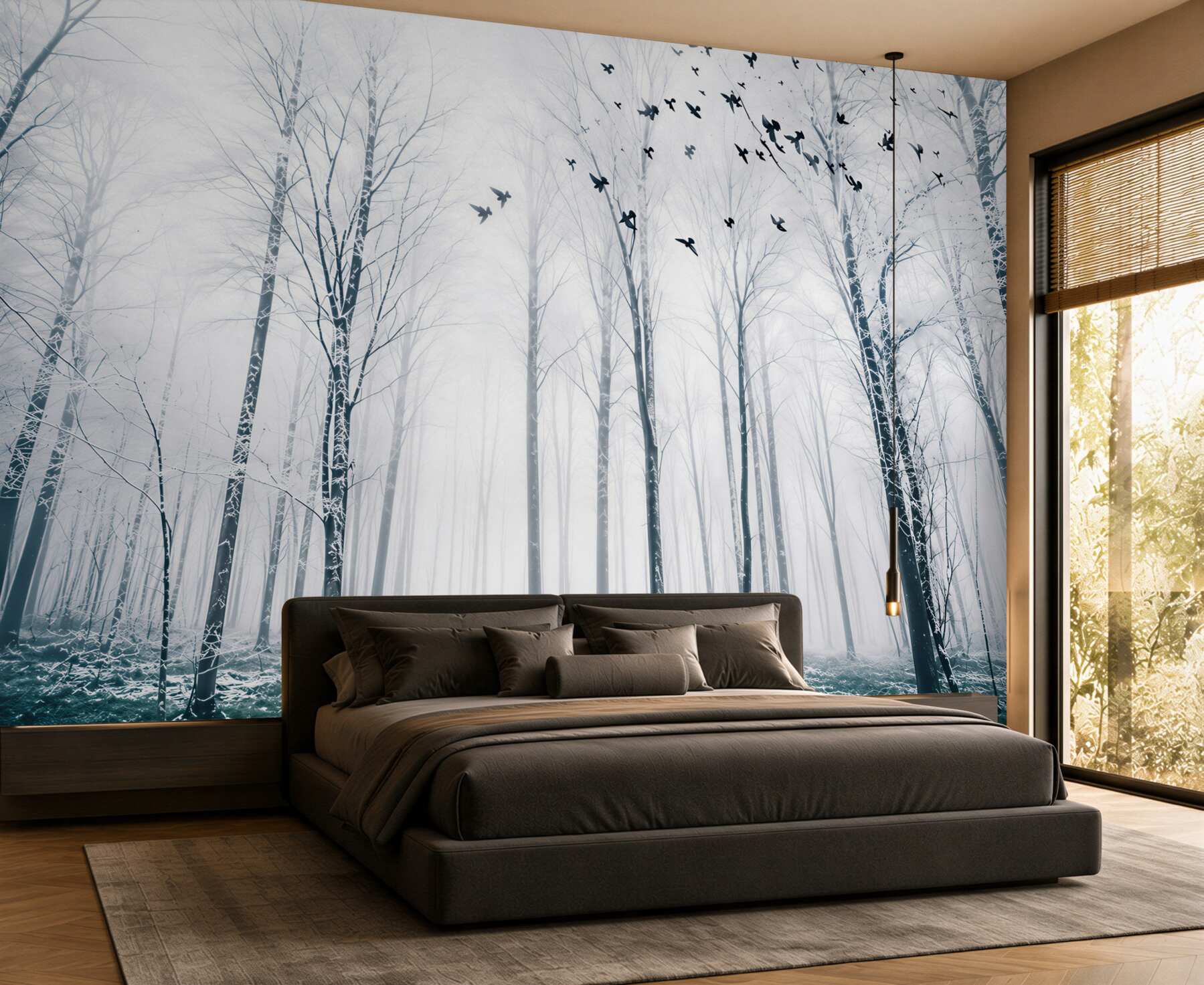 Fototapeta zimowy las we mgle z ptakami w jasnych pastelowych barwach?v2345