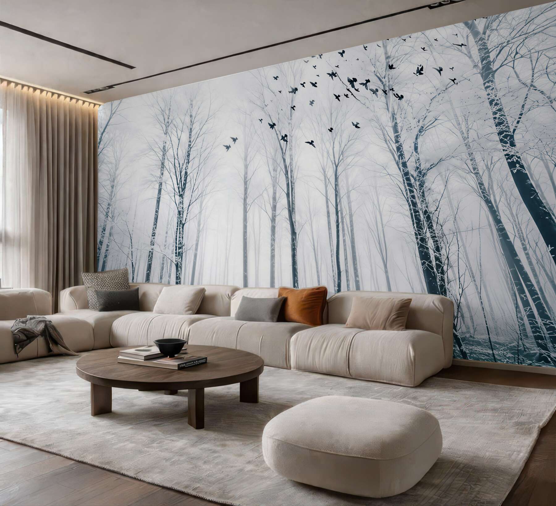 Fototapeta zimowy las we mgle z ptakami w jasnych pastelowych barwach?v2345