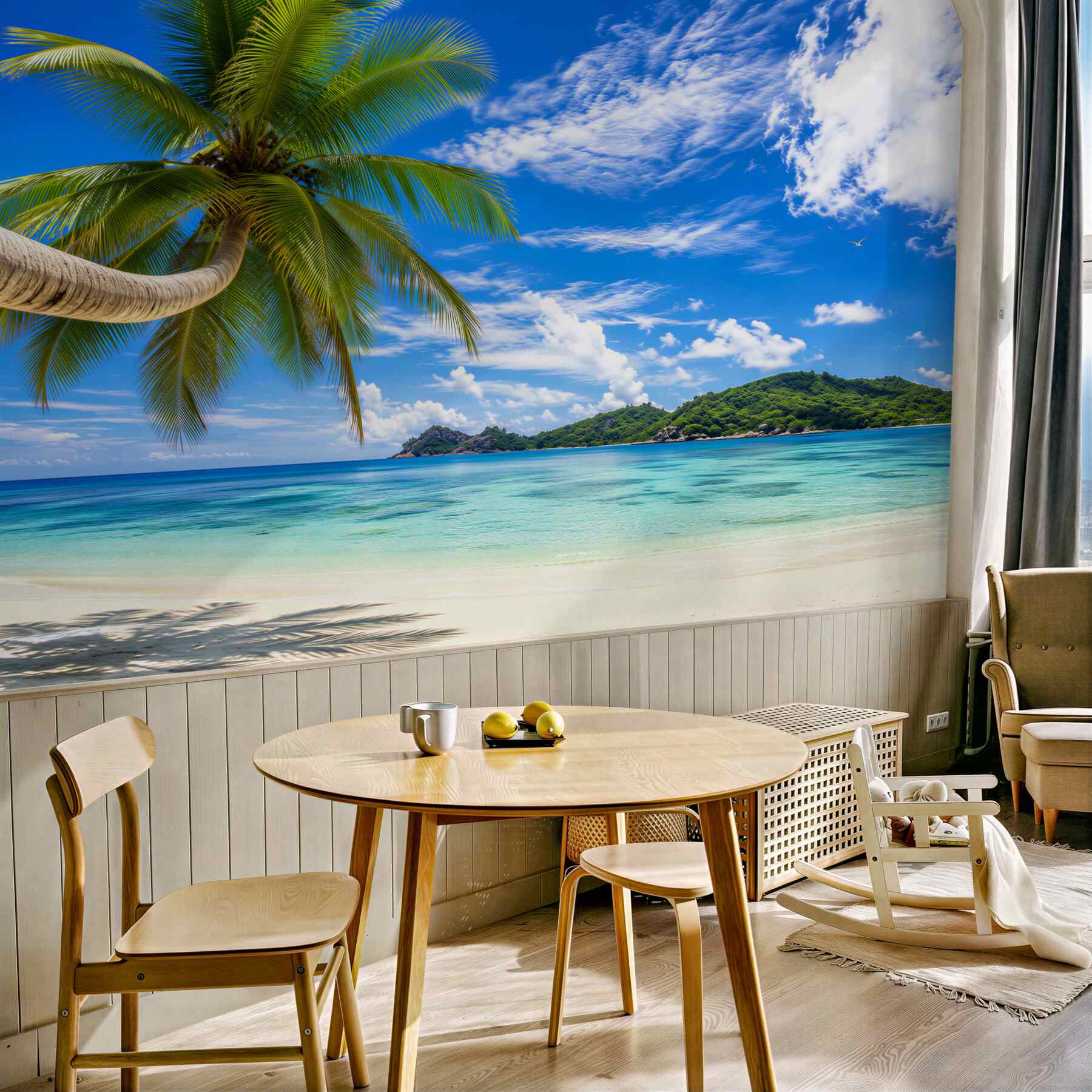 Fototapeta rajska plaża z palmą i kwiatami w pastelowych barwach?v2345