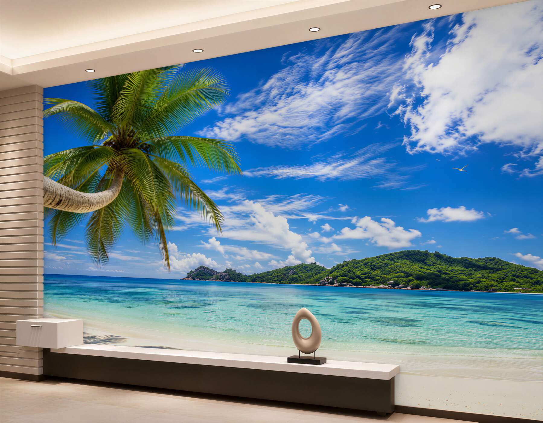 Fototapeta rajska plaża z palmą i kwiatami w pastelowych barwach?v2345
