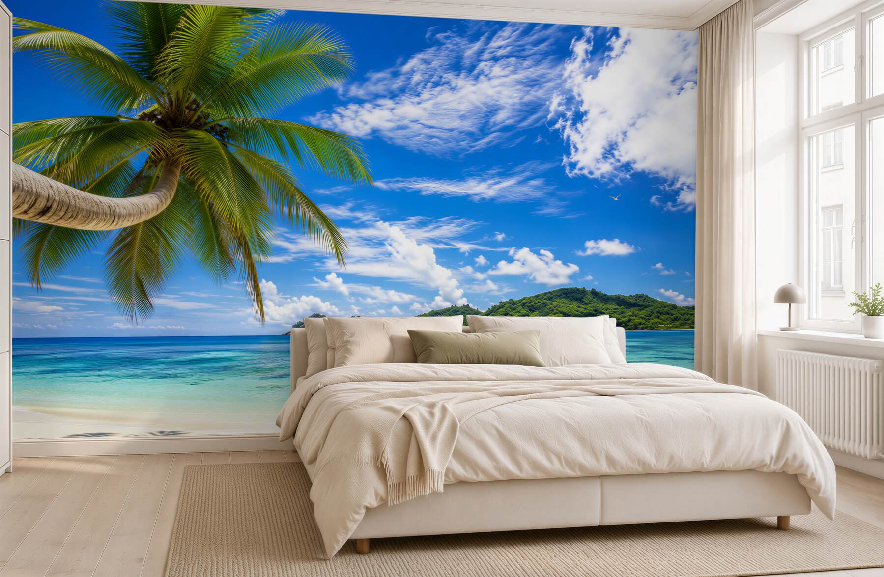 Fototapeta rajska plaża z palmą i kwiatami w pastelowych barwach?v2345