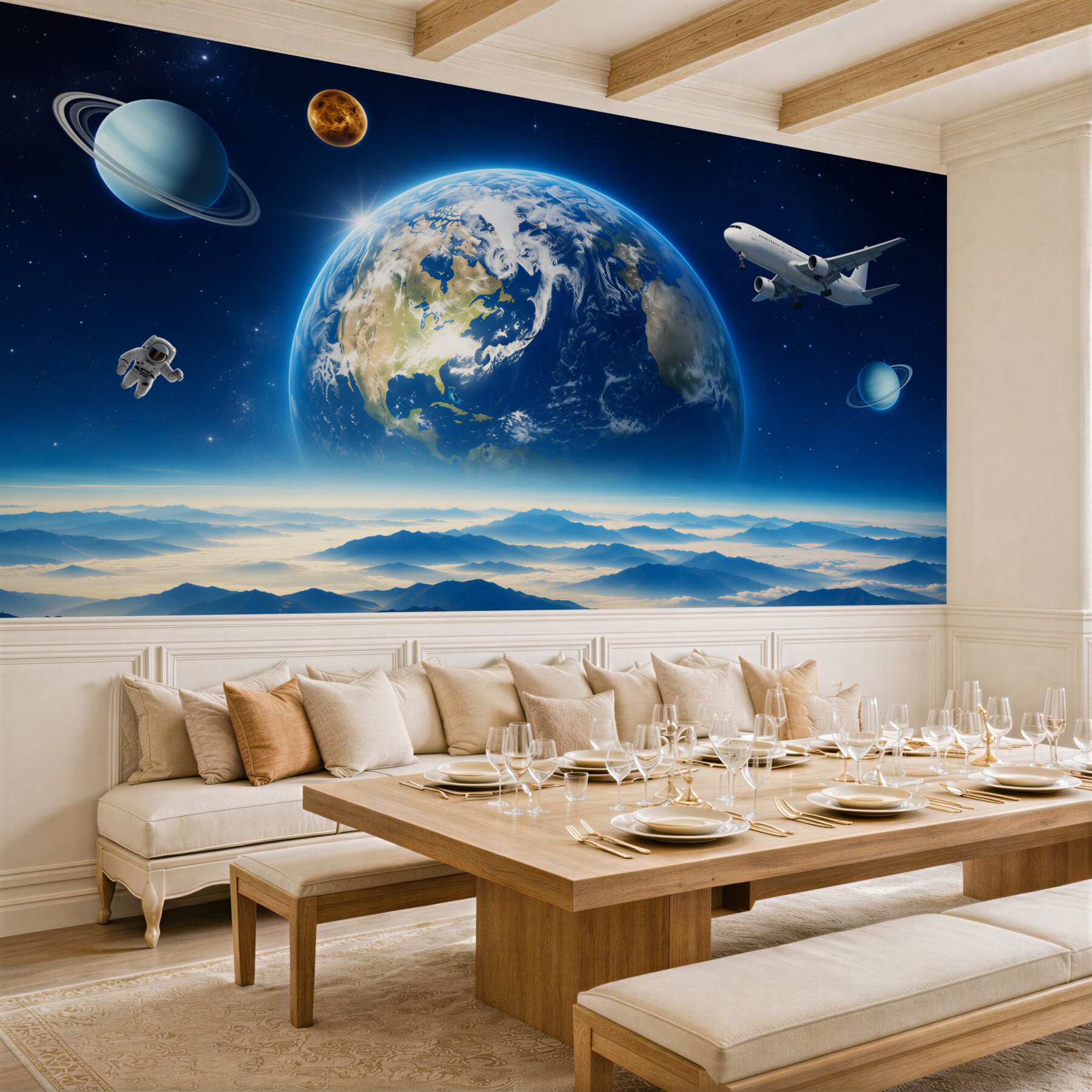 Fototapeta kosmiczny krajobraz z planetą nad górami w błękitnych pastelach?v2345
