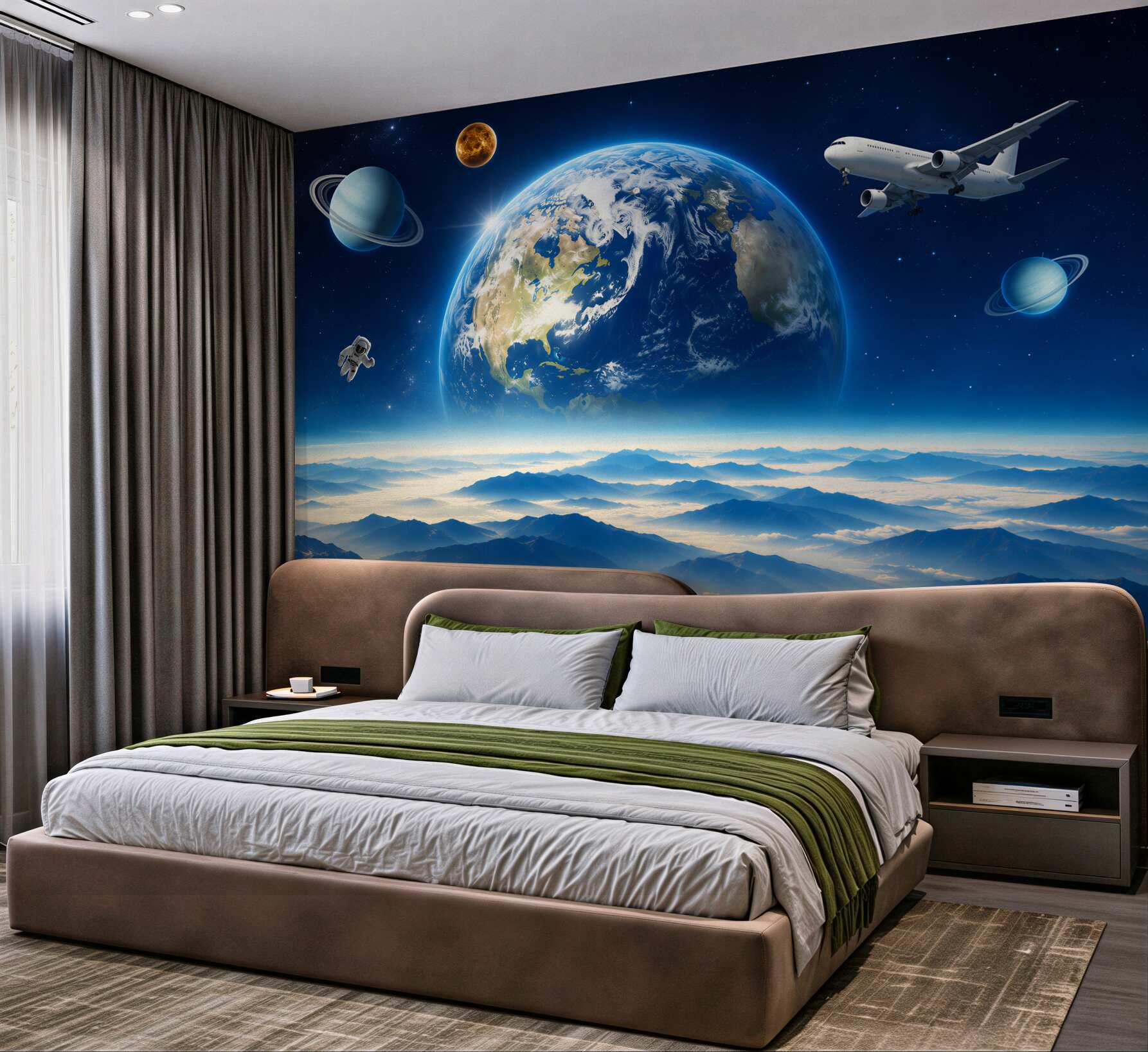 Fototapeta kosmiczny krajobraz z planetą nad górami w błękitnych pastelach?v2345