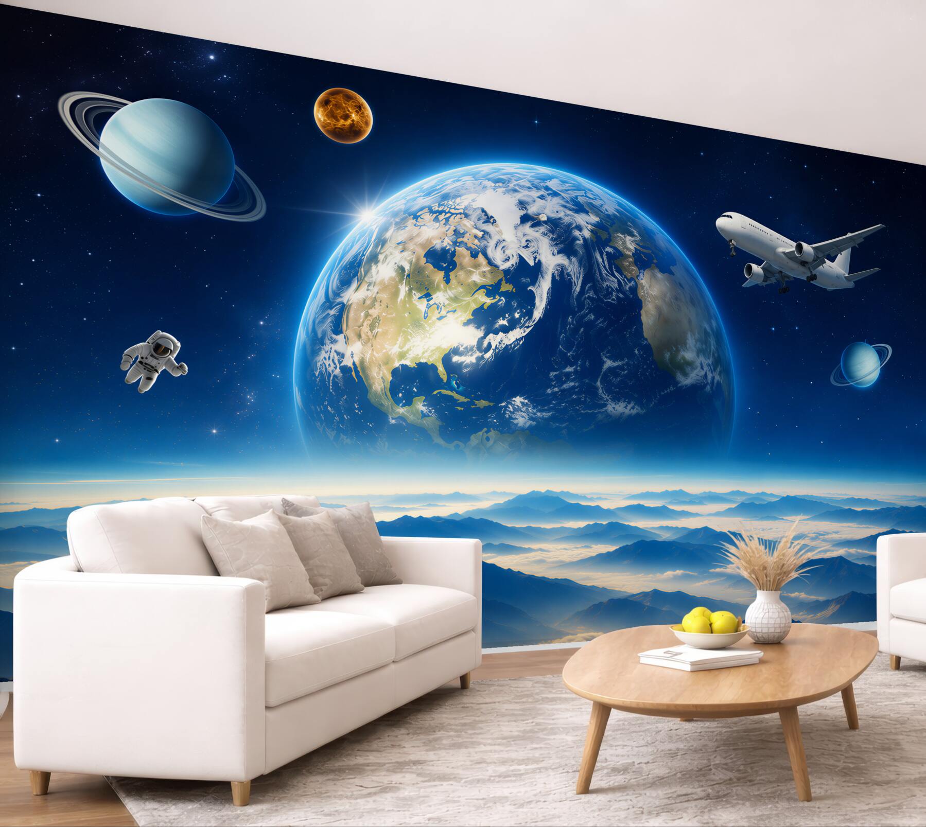 Fototapeta kosmiczny krajobraz z planetą nad górami w błękitnych pastelach?v2345