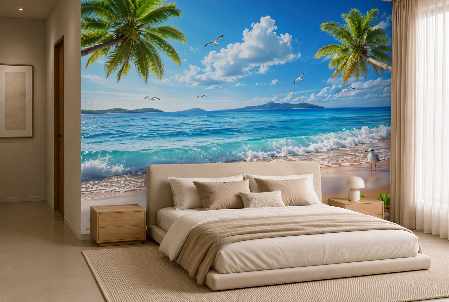 Fototapeta tropikalna plaża z palmą i turkusowym morzem o poranku?v2345