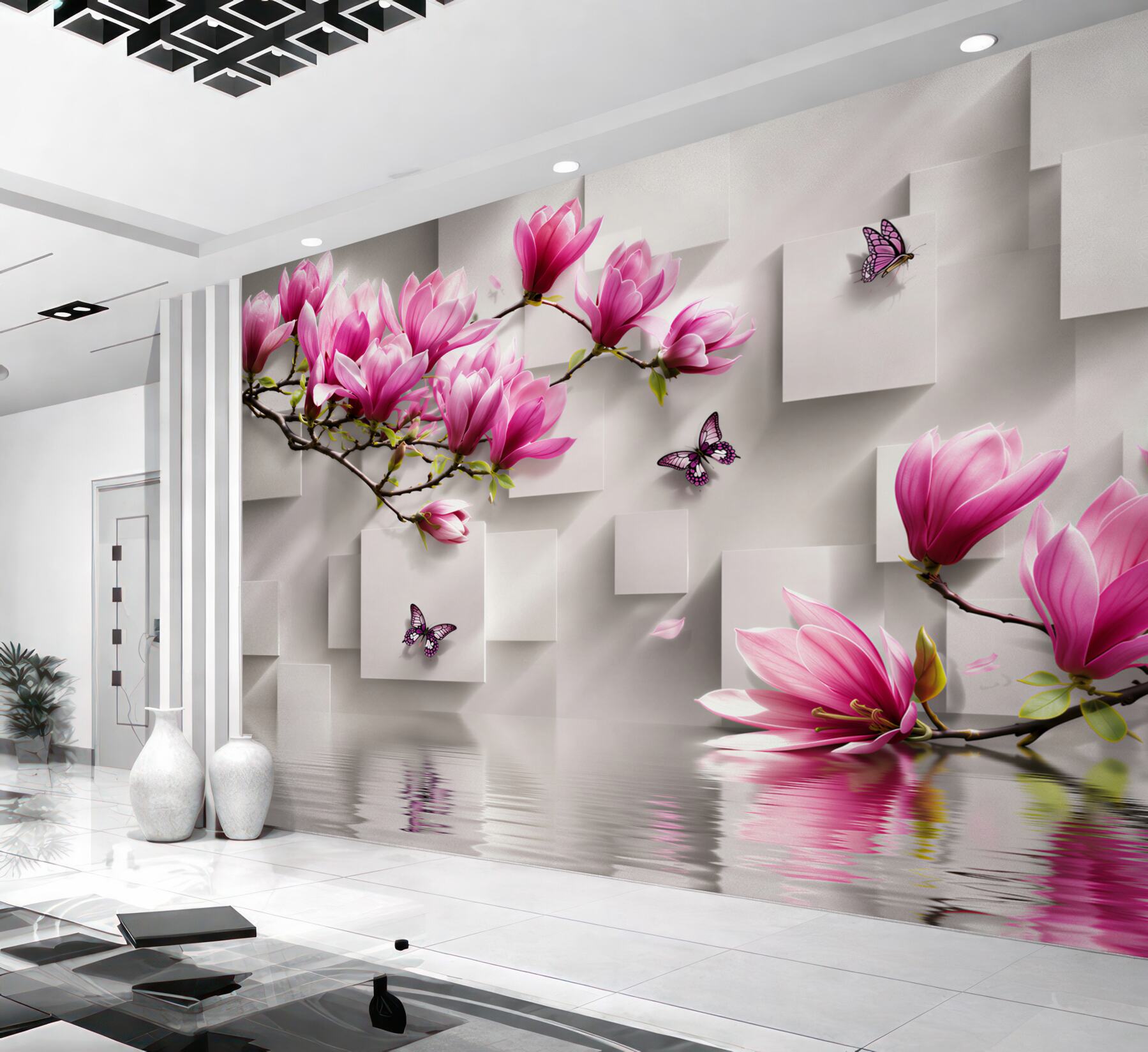 Fototapeta fioletowe kwiaty magnolii nad wodą?v2345