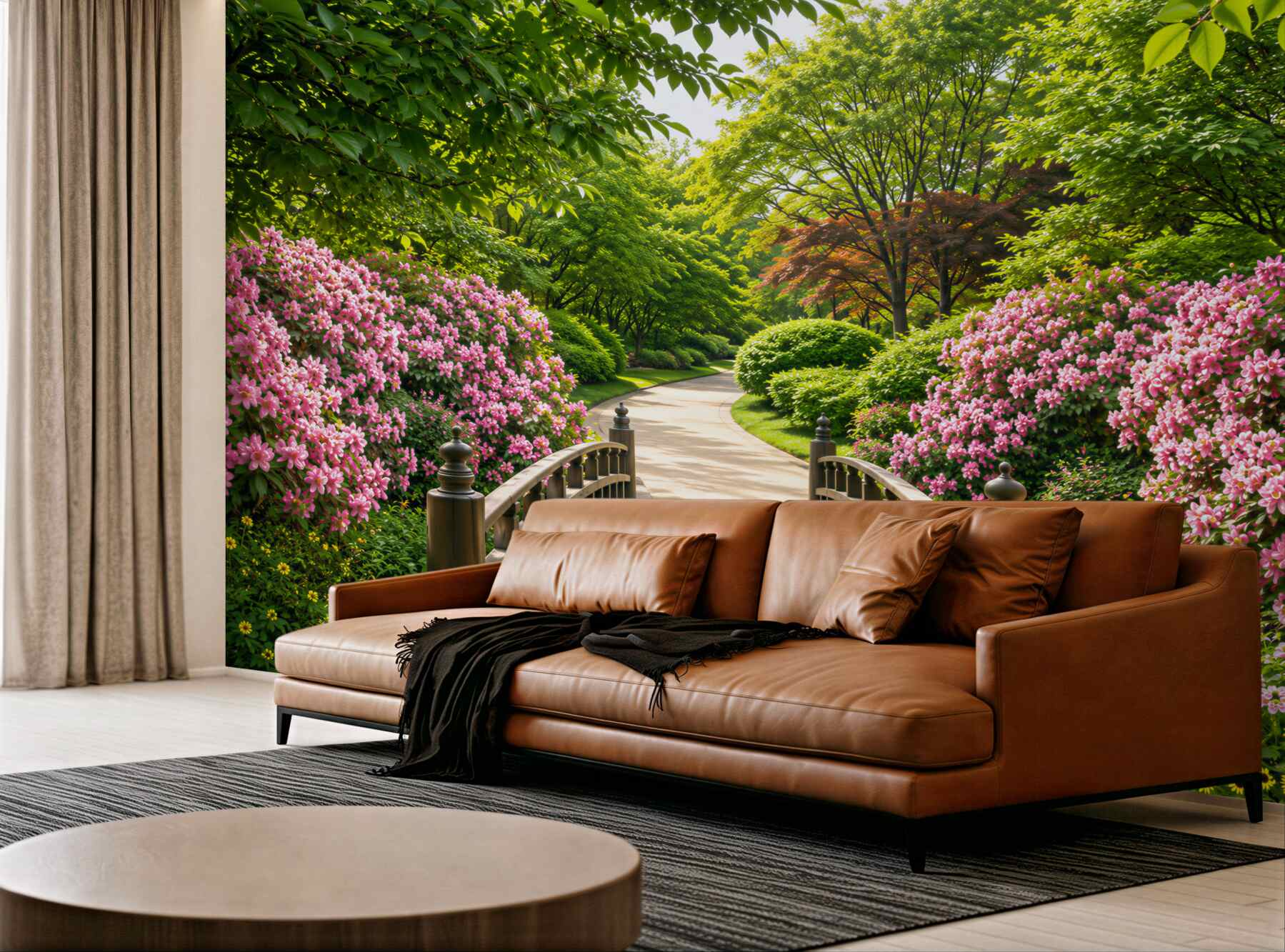 Fototapeta piękny drewniany most nad kwitnącymi drzewami?v2345