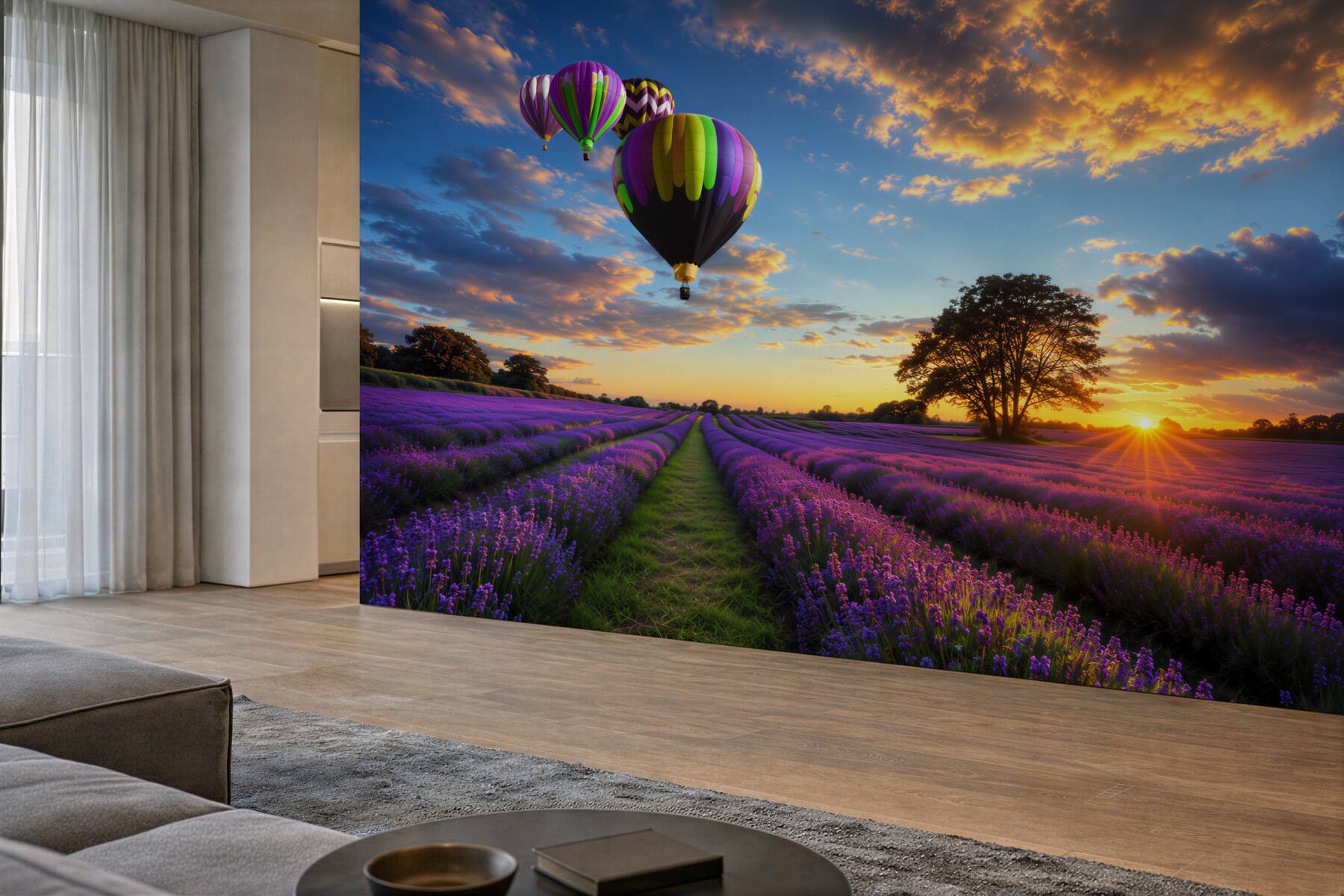 Fototapeta kolorowy balon na ogrzane powietrze unoszący się nad lawendą?v2345