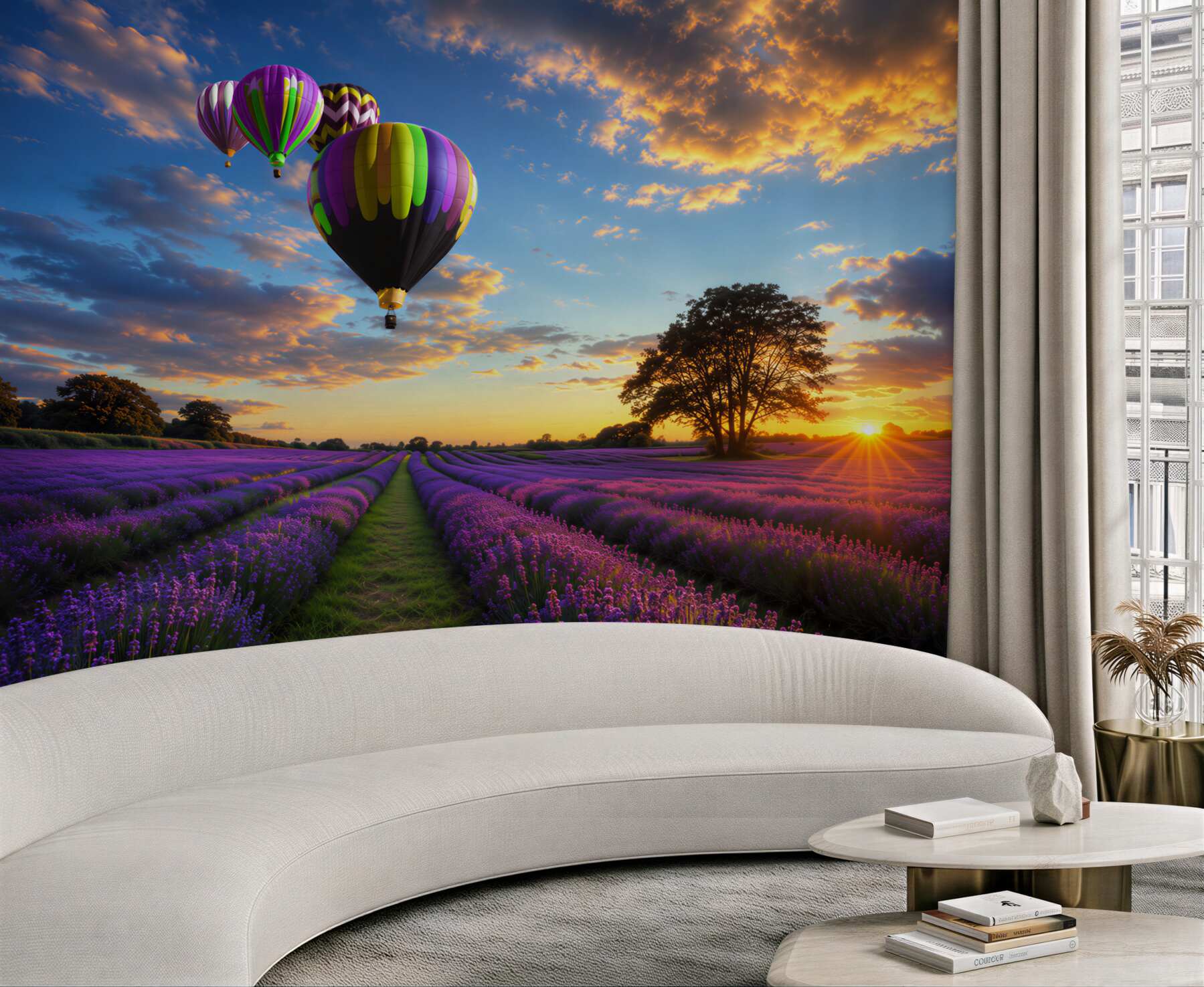 Fototapeta kolorowy balon na ogrzane powietrze unoszący się nad lawendą?v2345
