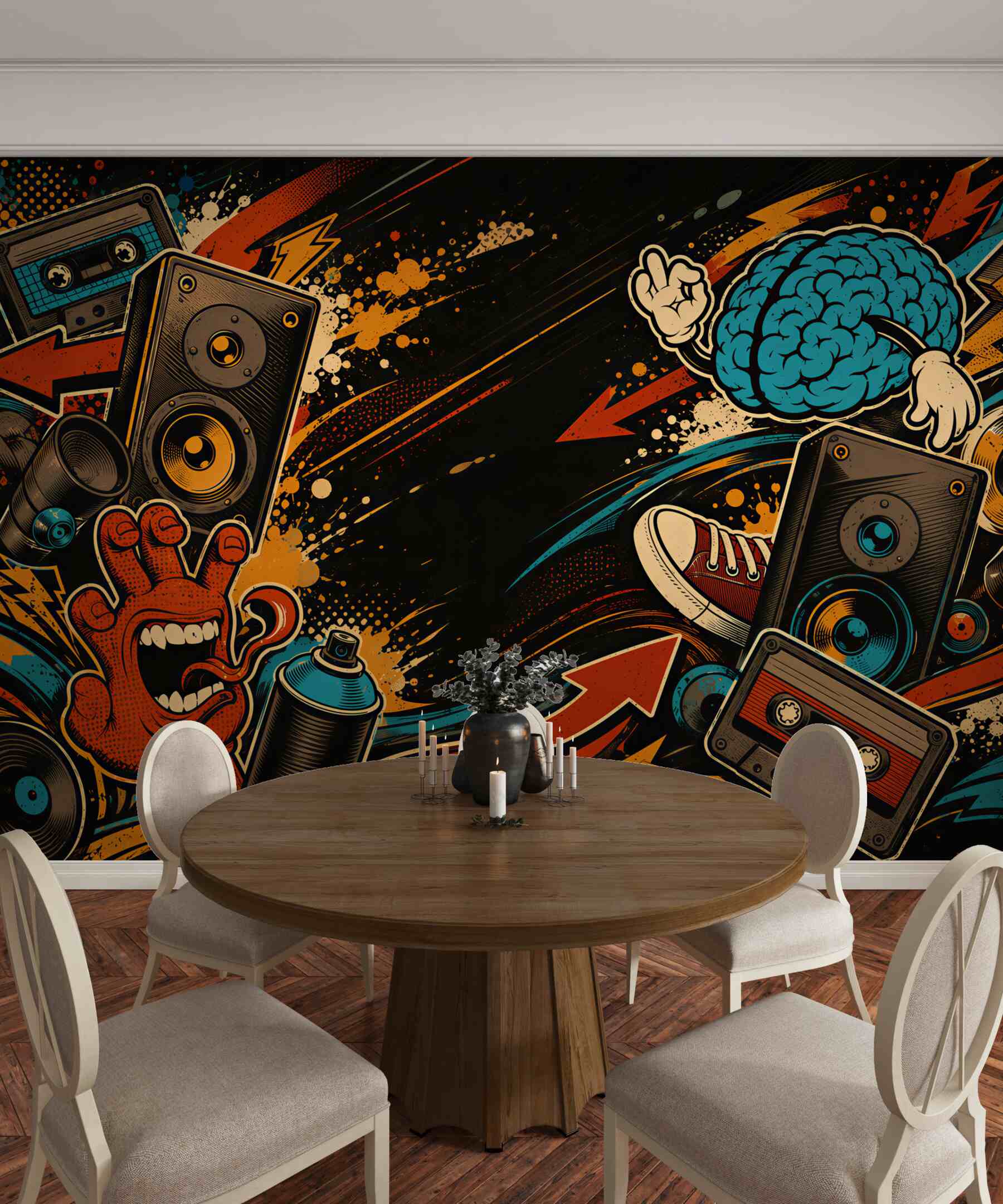 Fototapeta muzyczny kolaż street art z głośnikami i graffiti?v2345
