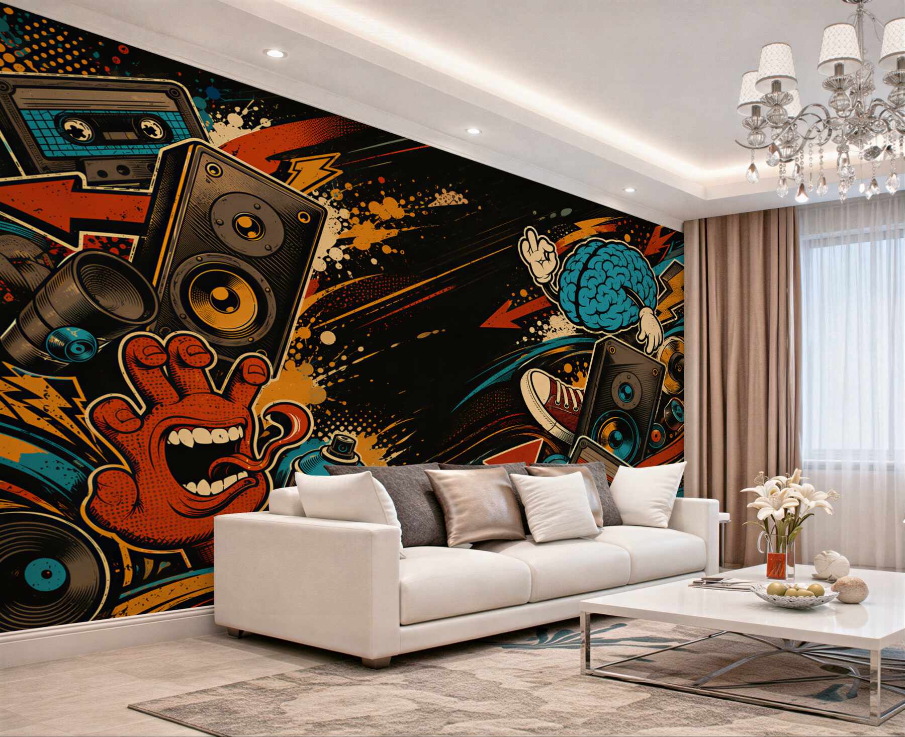Fototapeta muzyczny kolaż street art z głośnikami i graffiti?v2345