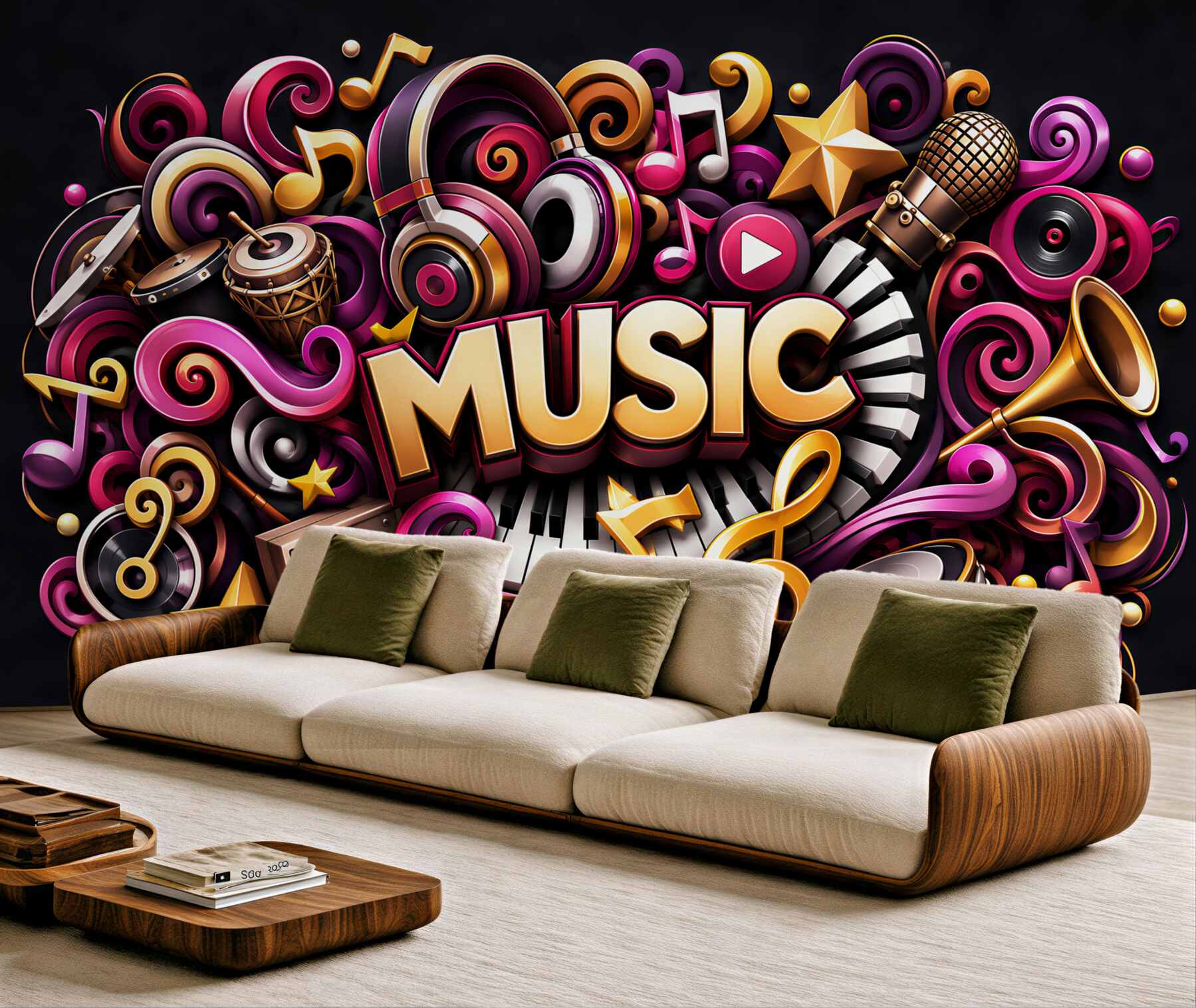 Fototapeta instrumenty muzyczne z pianinem i mikrofonem w beżowym stylu?v2345