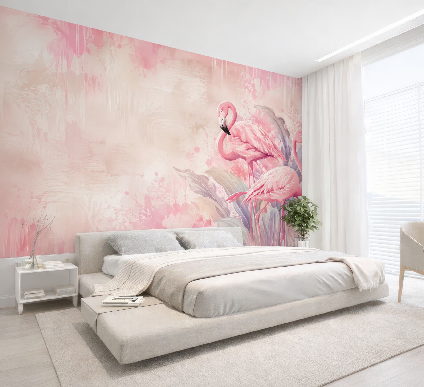 Fototapeta różowe flamingi w pastelowych liściach tropikalnych?v2345