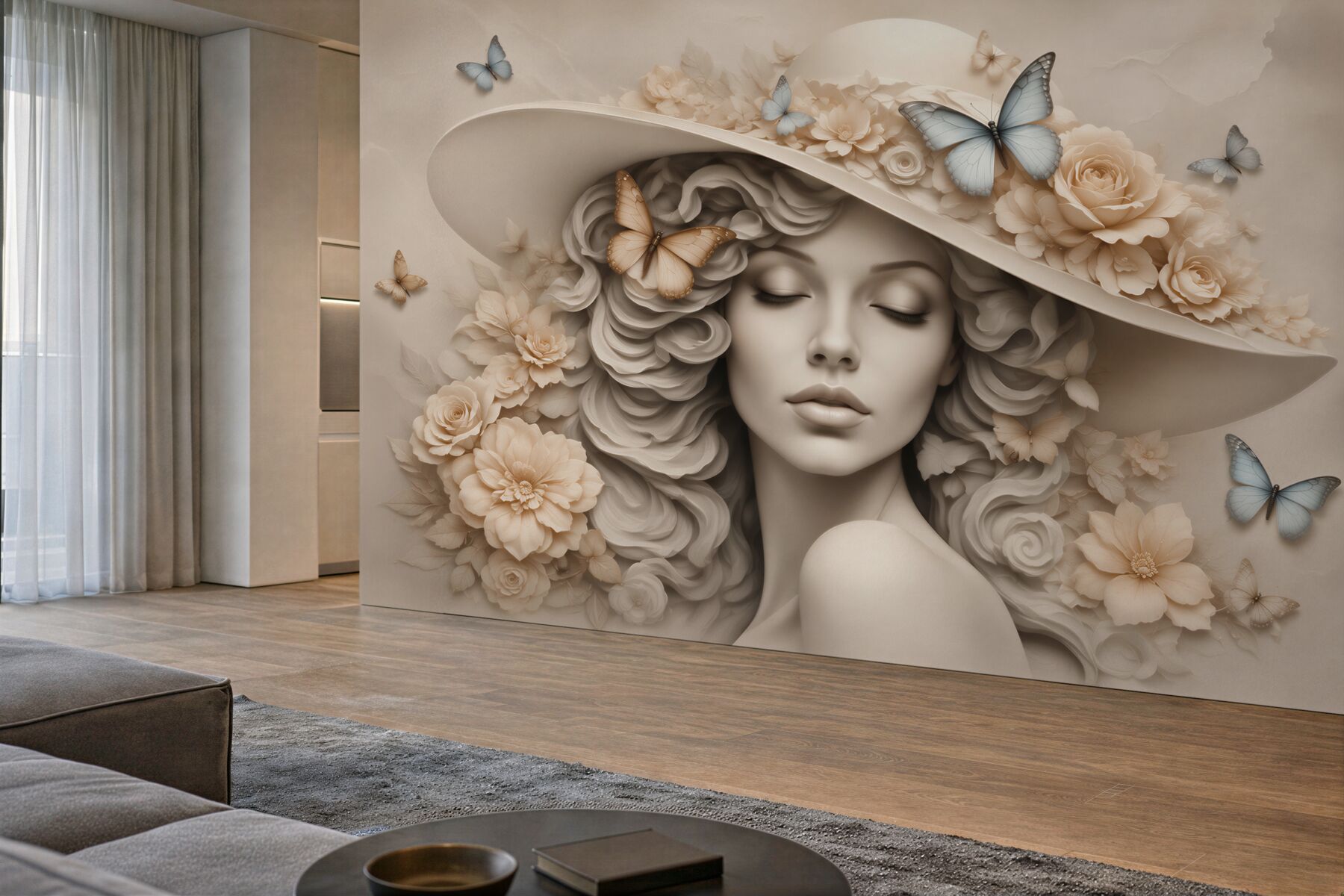 Fototapeta kobieta w kapeluszu z kwiatami romantyczna beżowa?v2345
