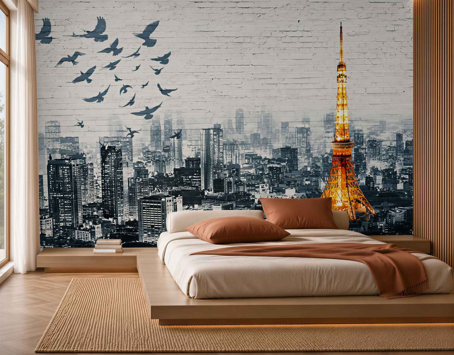 Fototapeta panorama Tokio z wieżą i ptakami w akwarelowym stylu?v2345