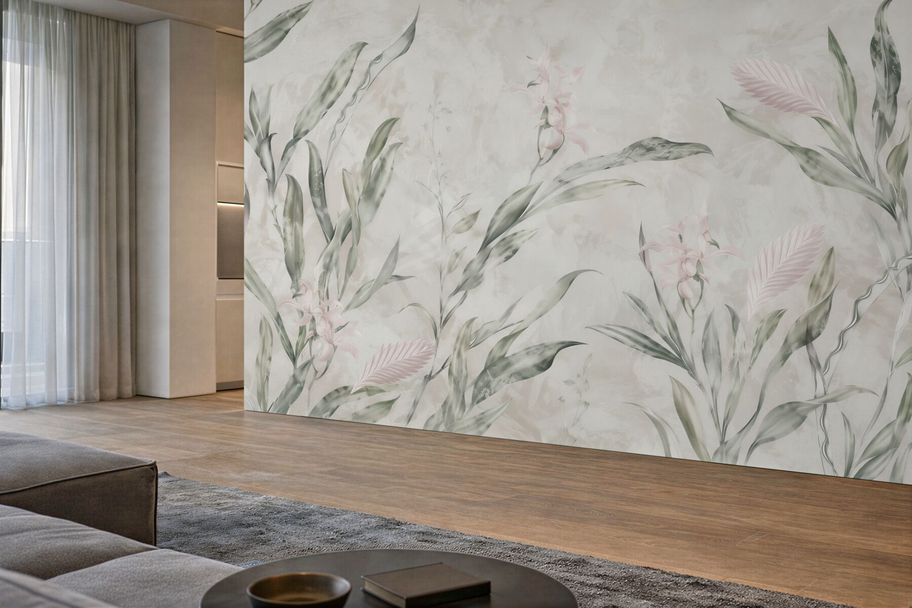 Fototapeta egzotyczne liście i delikatne kwiaty w stylu botanical?v2345