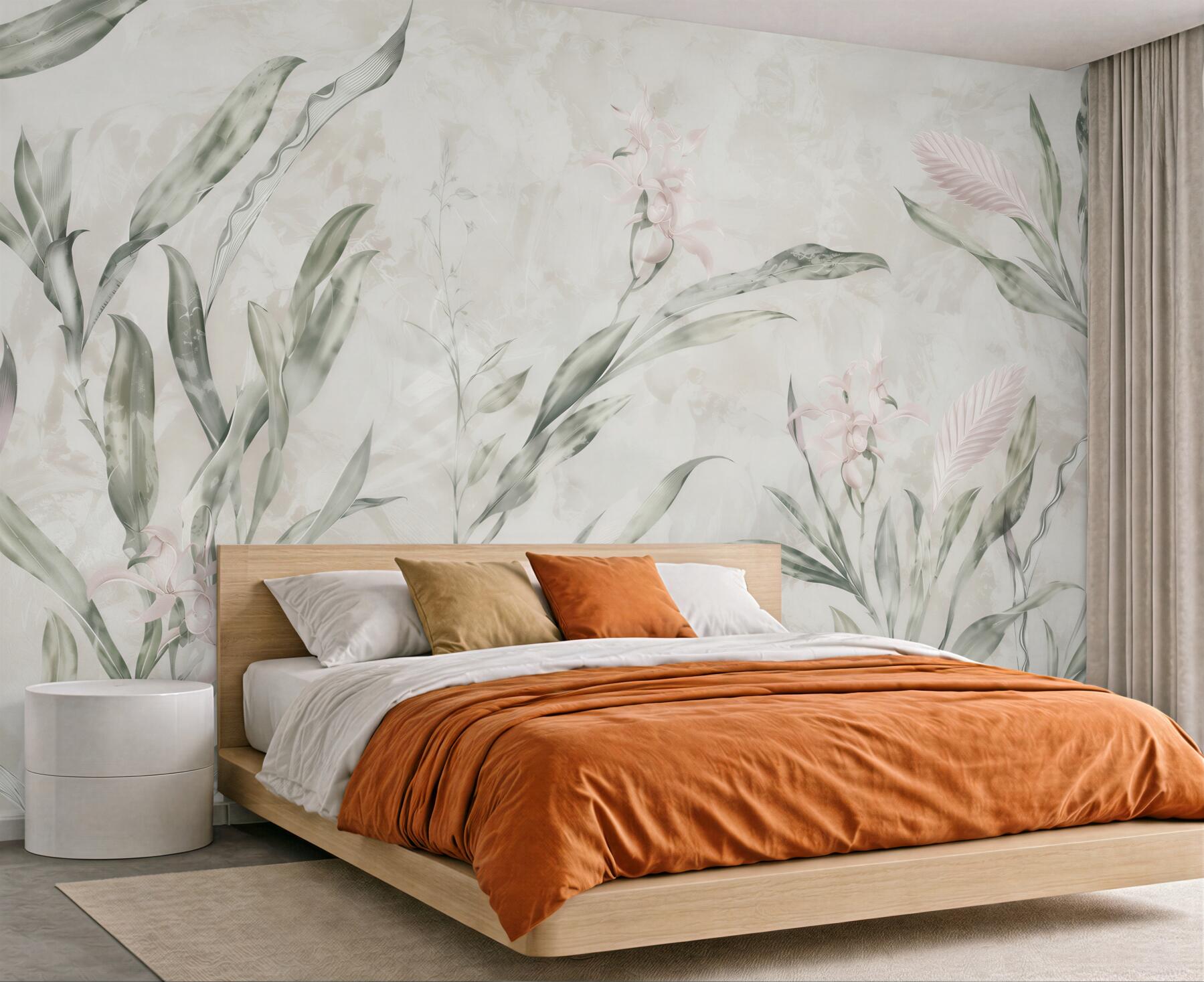 Fototapeta egzotyczne liście i delikatne kwiaty w stylu botanical?v2345