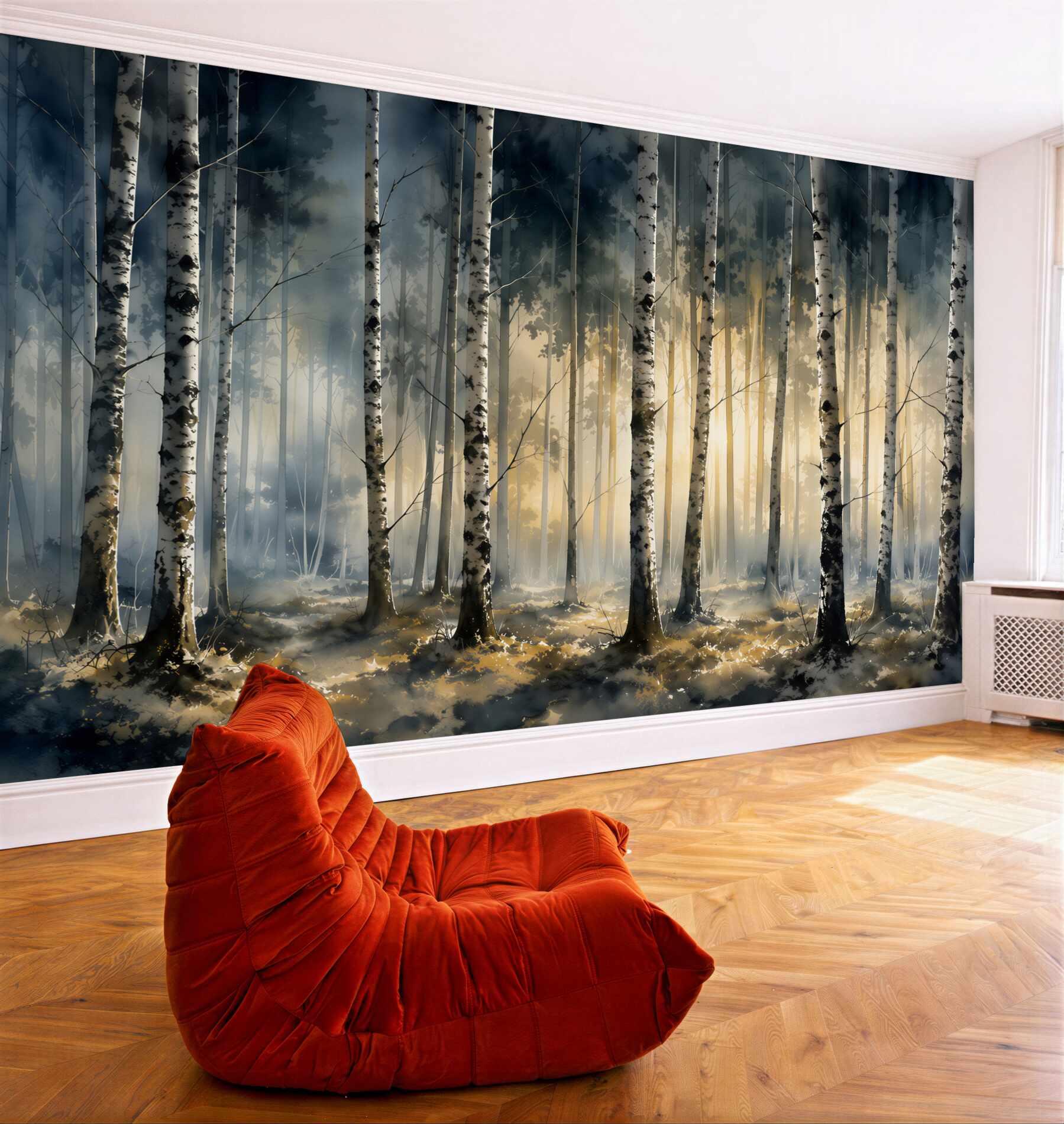 Fototapeta brzozy nad jeziorem we mgle w jasnych naturalnych barwach?v2345