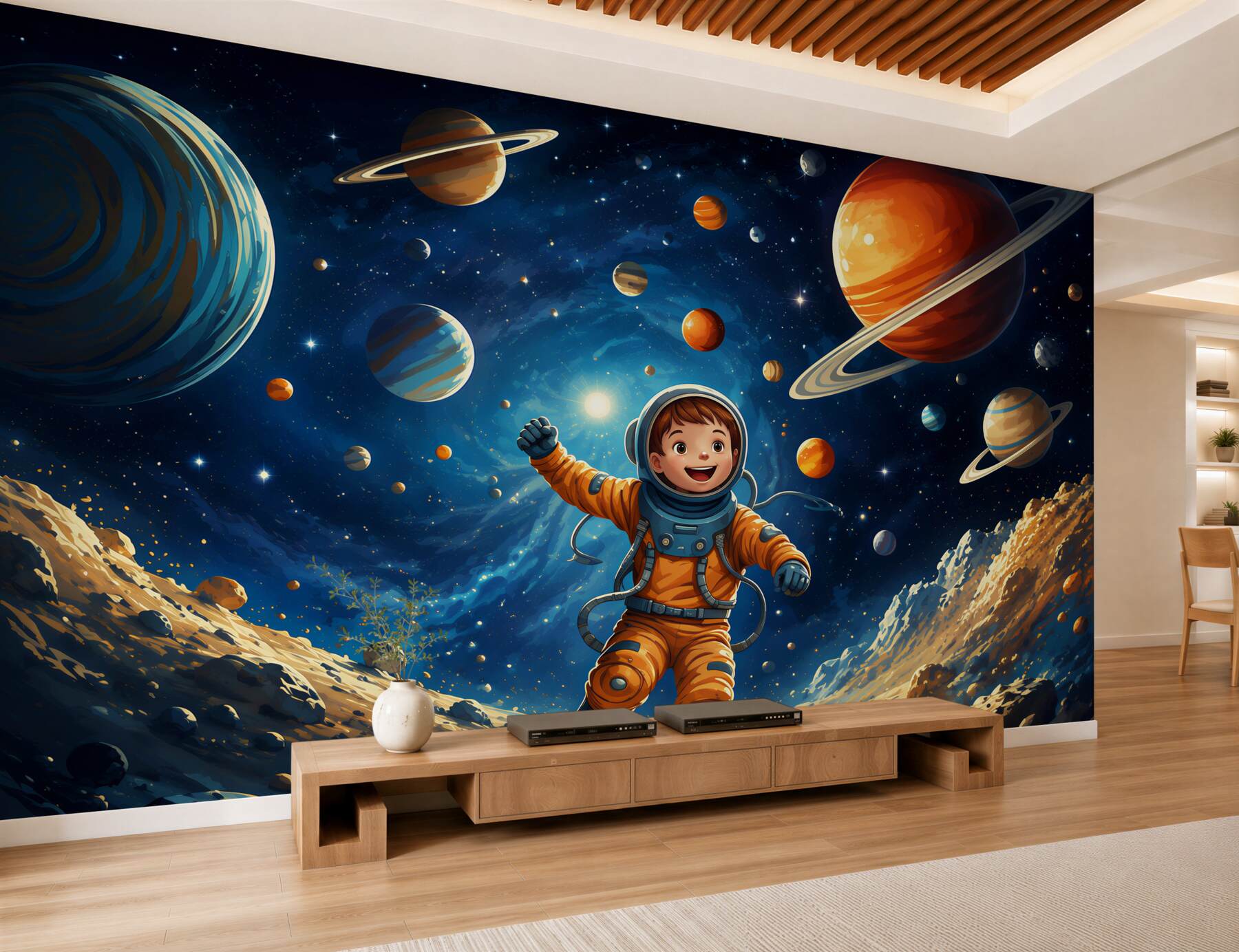 Fototapeta astronauta w kosmosie z planetami dla pokoju dziecka?v2345