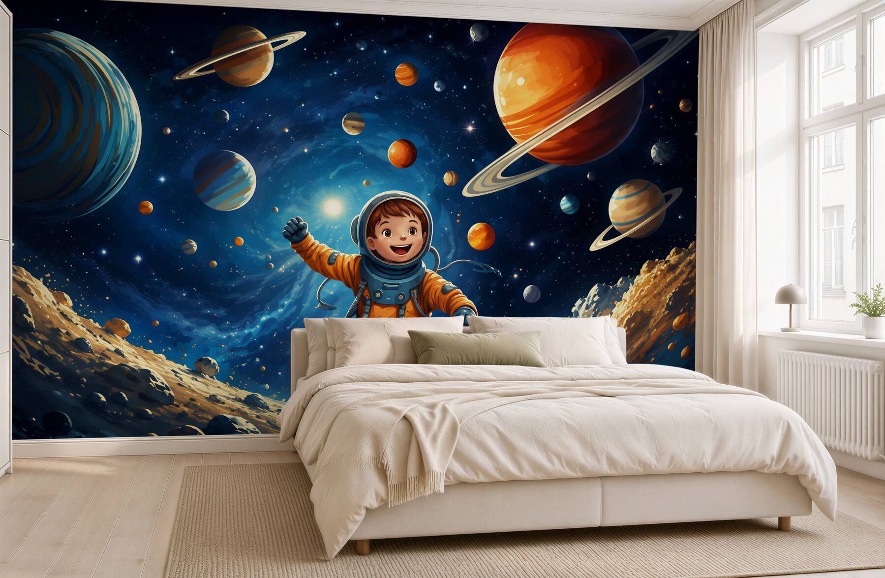 Fototapeta astronauta w kosmosie z planetami dla pokoju dziecka?v2345