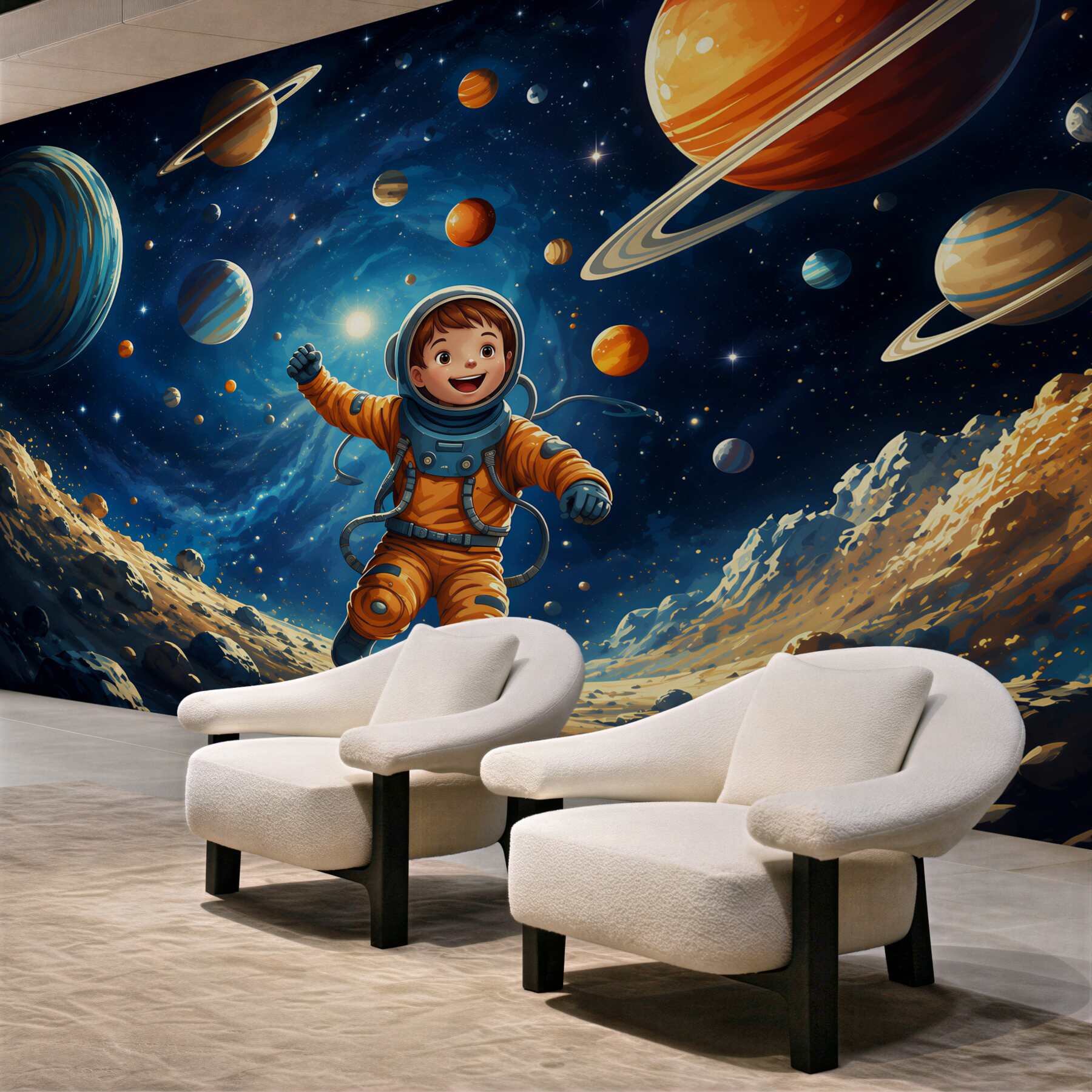 Fototapeta astronauta w kosmosie z planetami dla pokoju dziecka?v2345