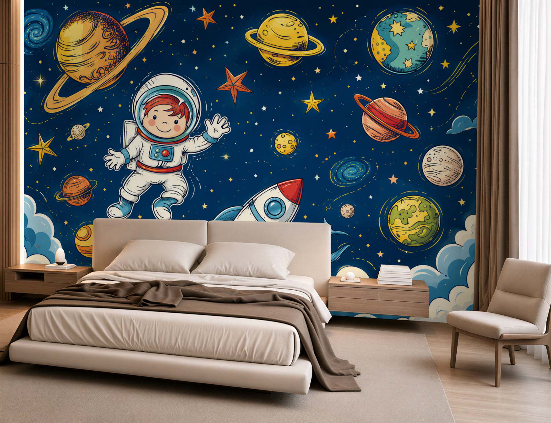 Fototapeta Chłopiec z astronautą, rakietą i planetą?v2345