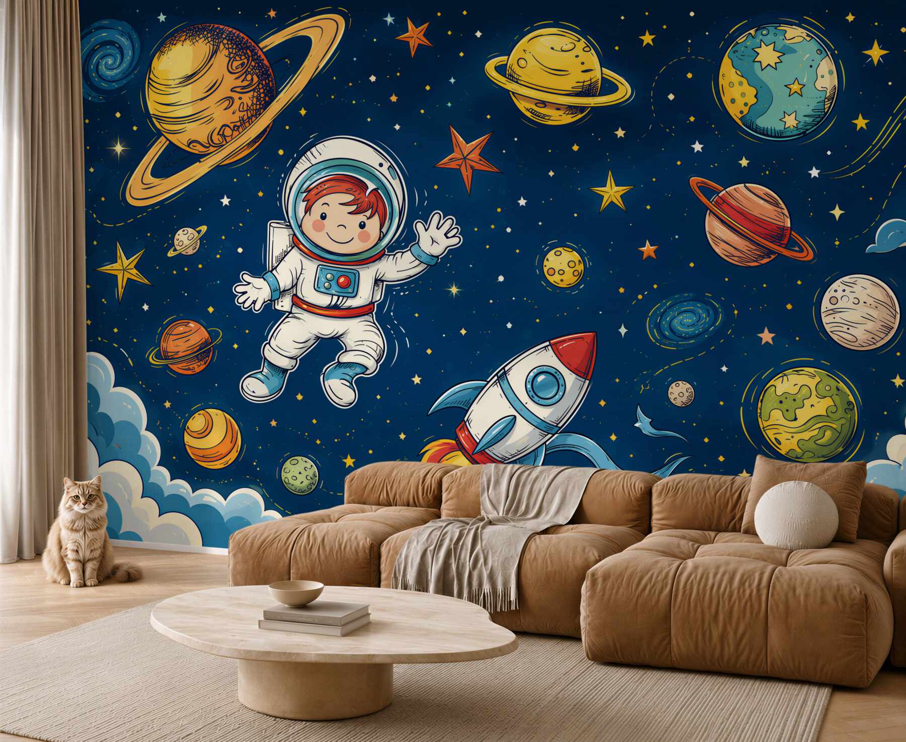 Fototapeta Chłopiec z astronautą, rakietą i planetą?v2345