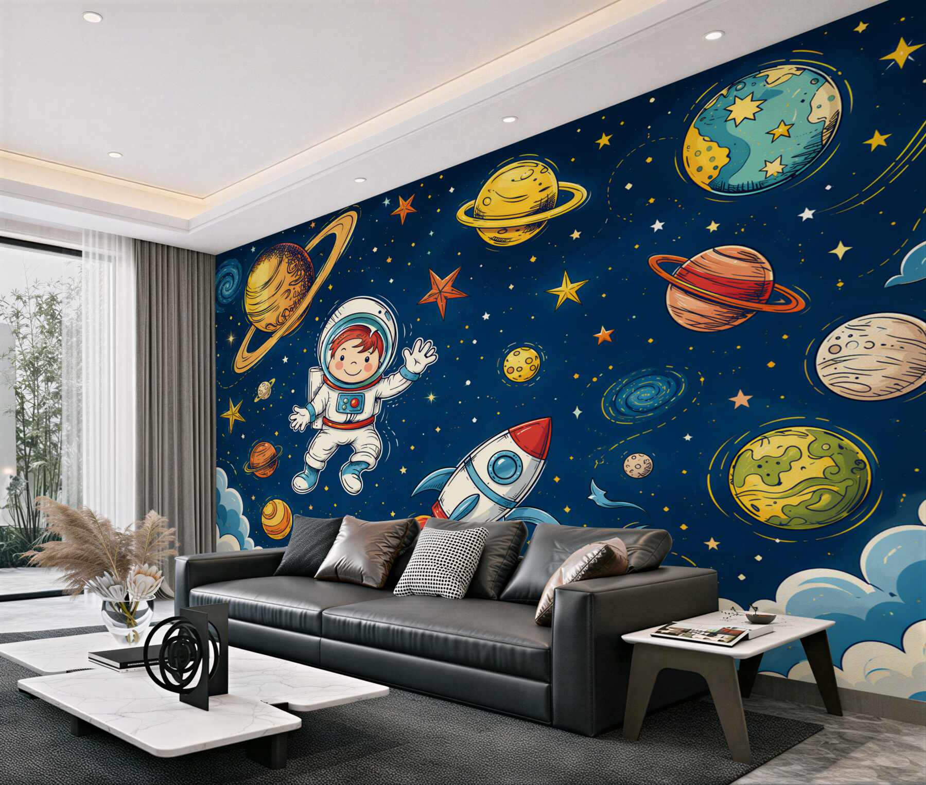 Fototapeta Chłopiec z astronautą, rakietą i planetą?v2345