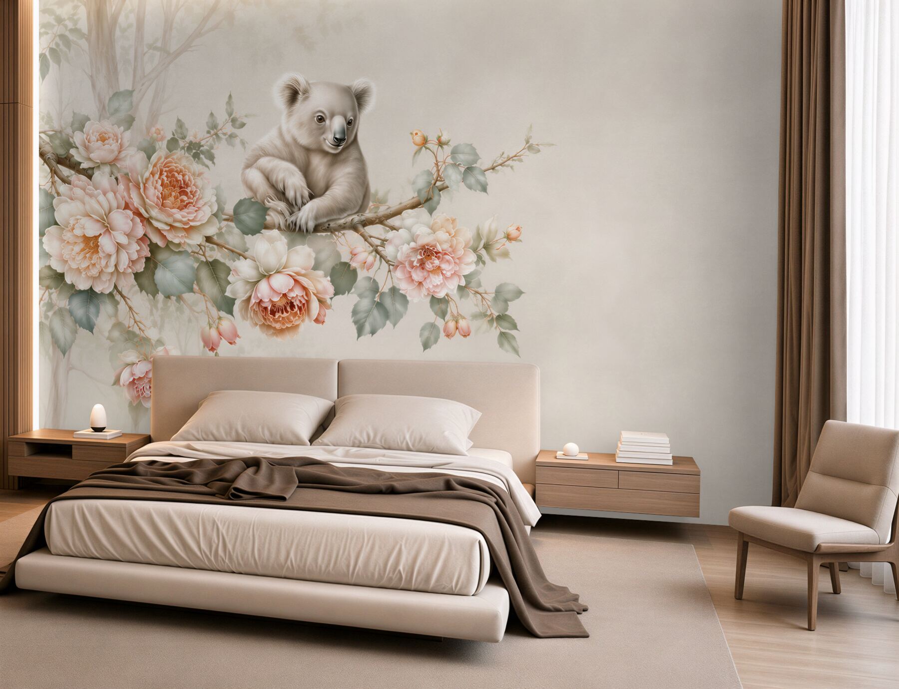 Fototapeta miś koala na gałęzi wśród pastelowych kwiatów do pokoju dziecka?v2345
