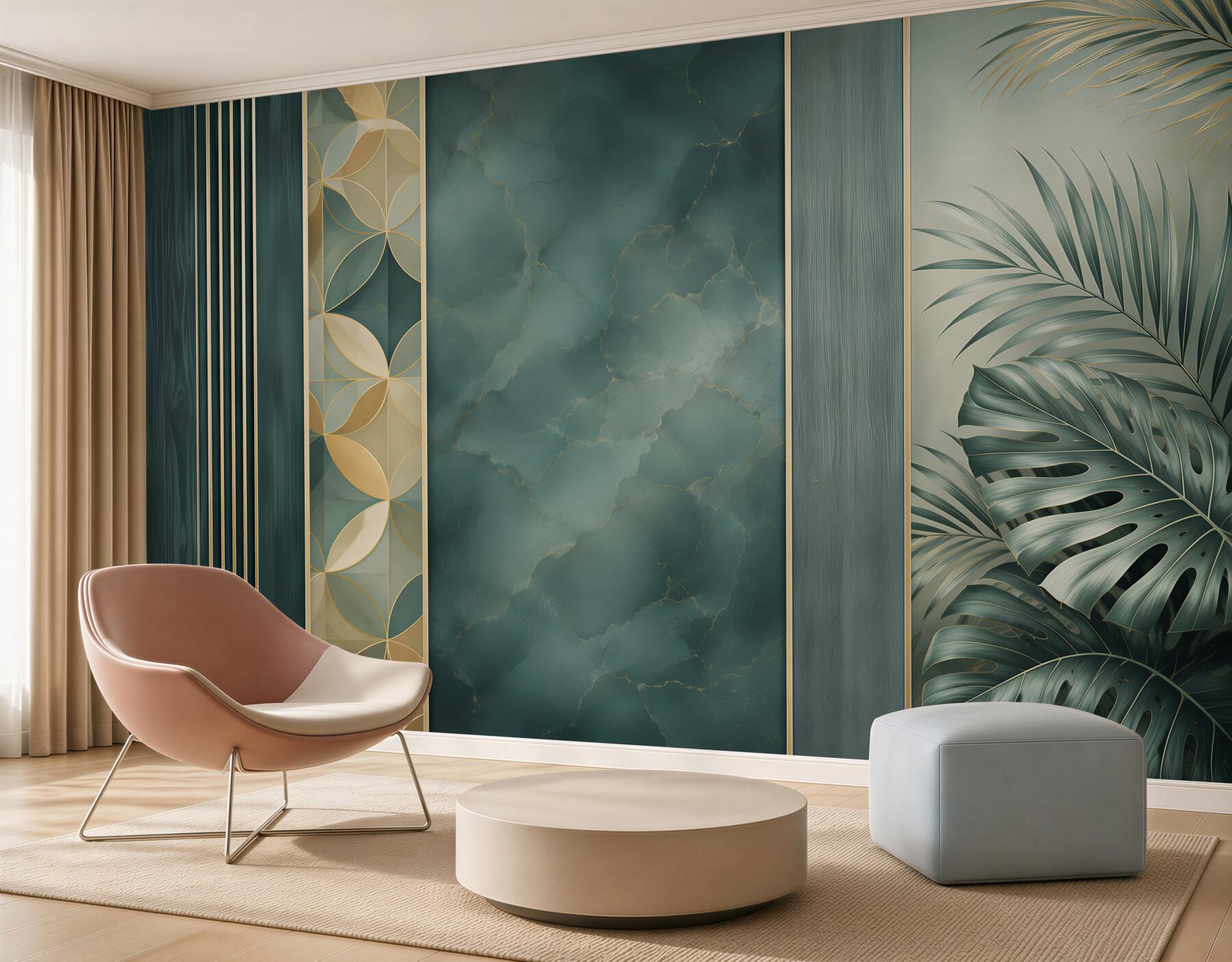 Fototapeta zielony marmur ze złotymi akcentami i liśćmi tropikalnymi art déco?v2345