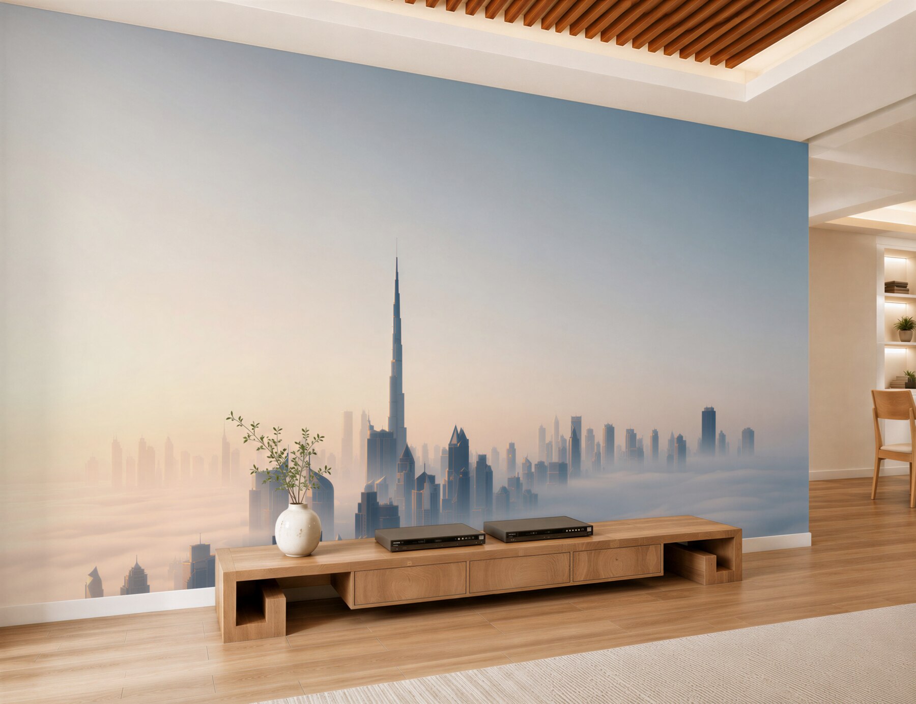 Fototapeta panorama Dubaju we mgle o wschodzie słońca nowoczesne miasto?v2345