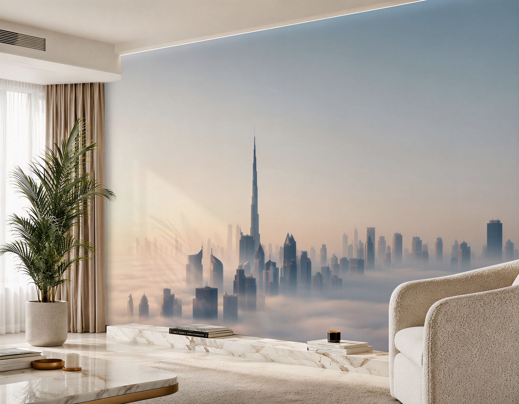 Fototapeta panorama Dubaju we mgle o wschodzie słońca nowoczesne miasto?v2345