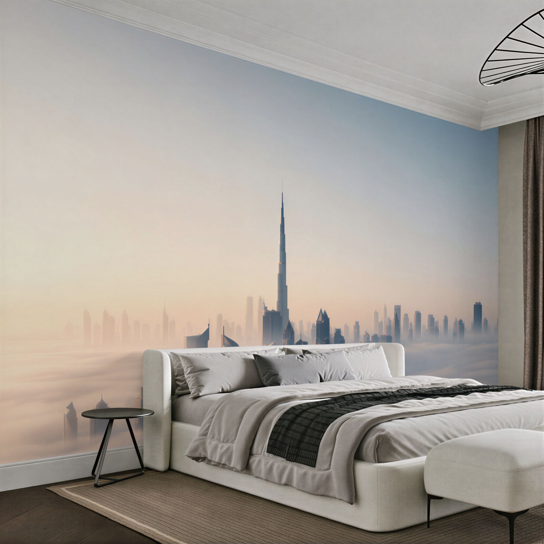 Fototapeta panorama Dubaju we mgle o wschodzie słońca nowoczesne miasto?v2345