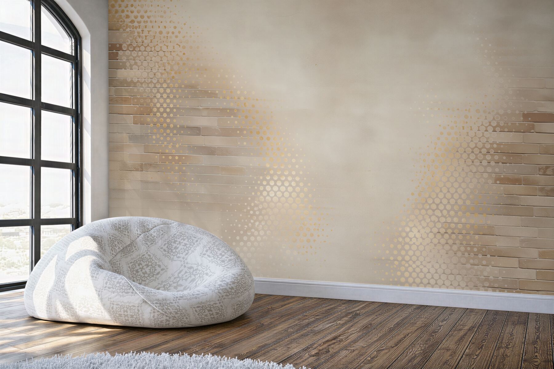 Fototapeta beżowa cegła z geometrycznym złotym wzorem nowoczesna?v2345
