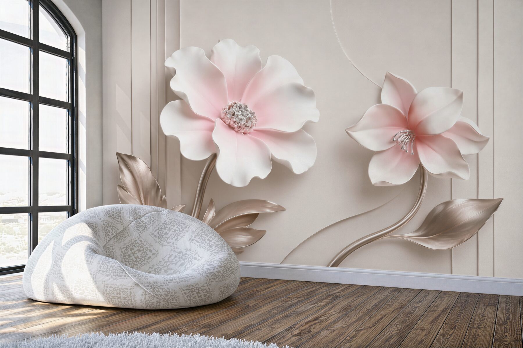 Fototapeta kwiaty 3D biało różowe z beżowymi liśćmi eleganckie?v2345