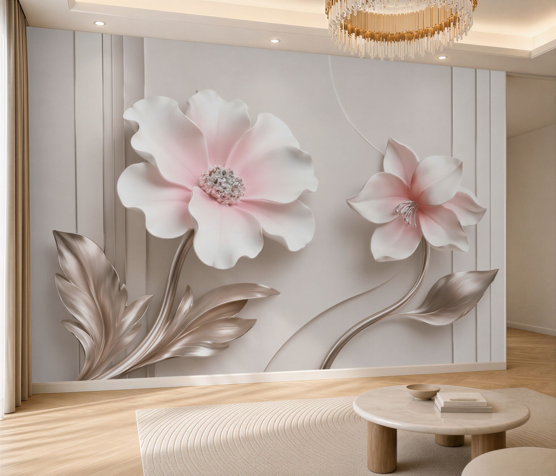 Fototapeta kwiaty 3D biało różowe z beżowymi liśćmi eleganckie?v2345